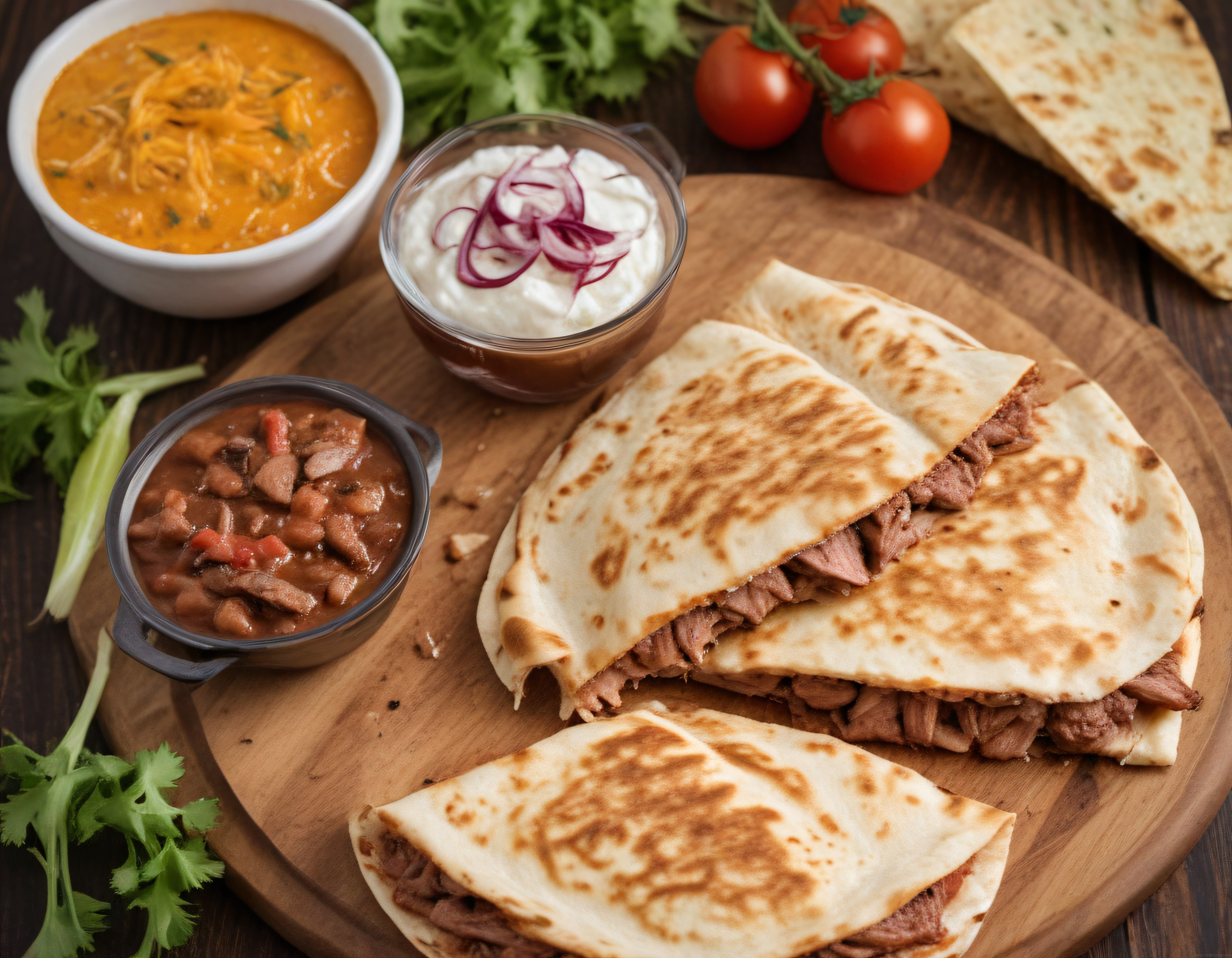 Ahşap Sunum Tahtası Üzerinde Meksika Usulü Etli Quesadilla ve Yan Lezzetler