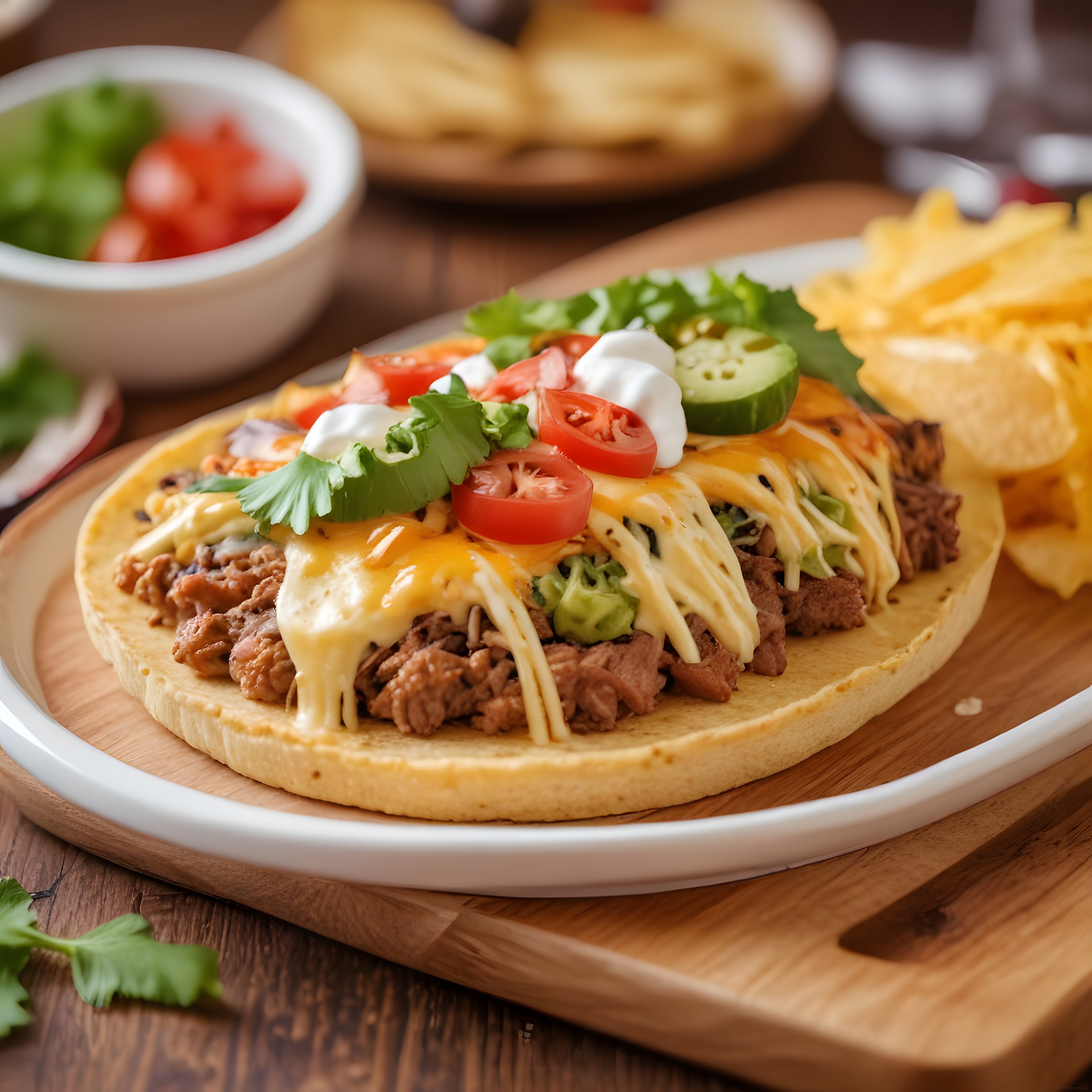 Ahşap Sunum Tahtası Üzerinde Meksika Usulü Etli Taco ve Nachos