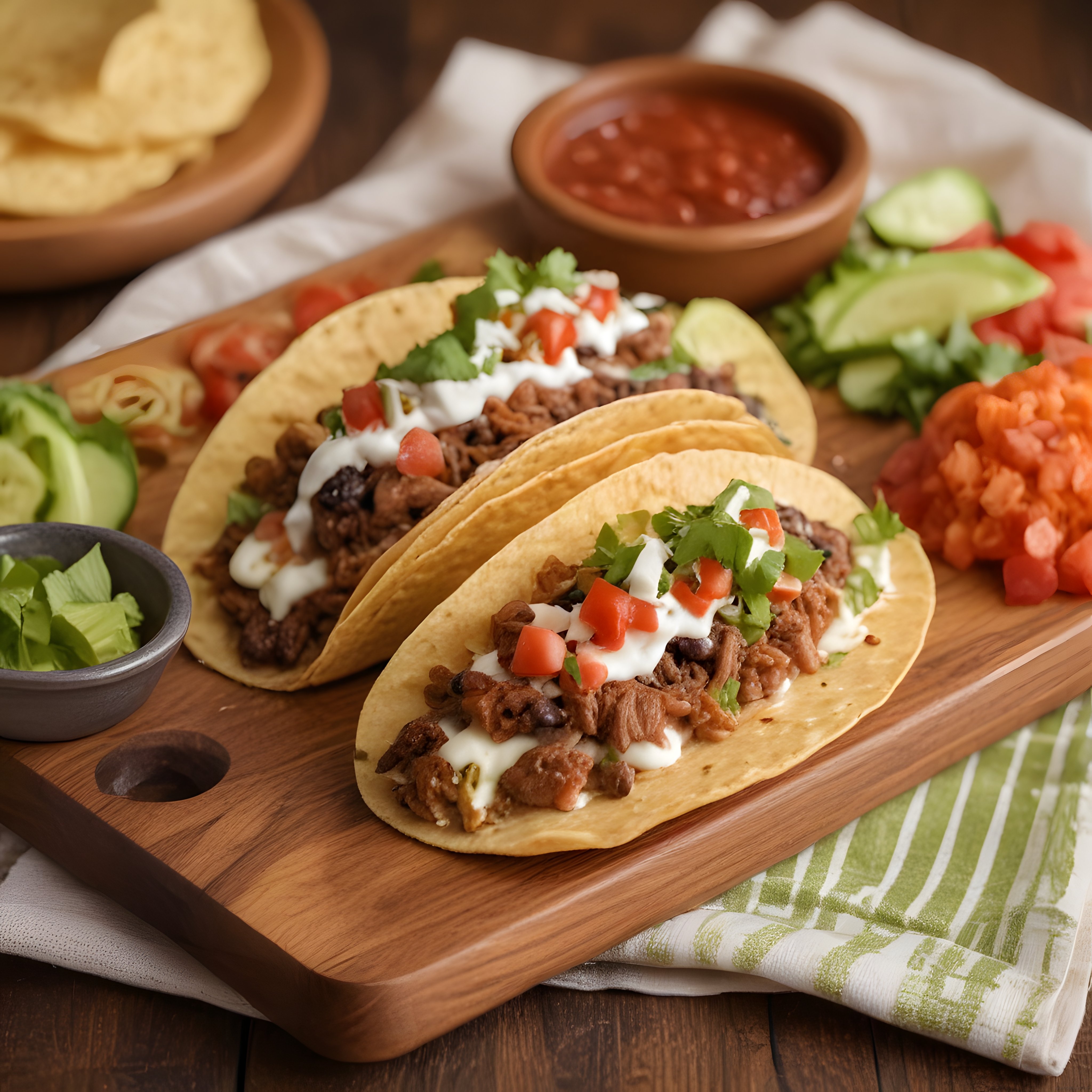 Ahşap sunum tahtası üzerinde Meksika usulü etli taco ve salsa sos ile lezzet şöleni