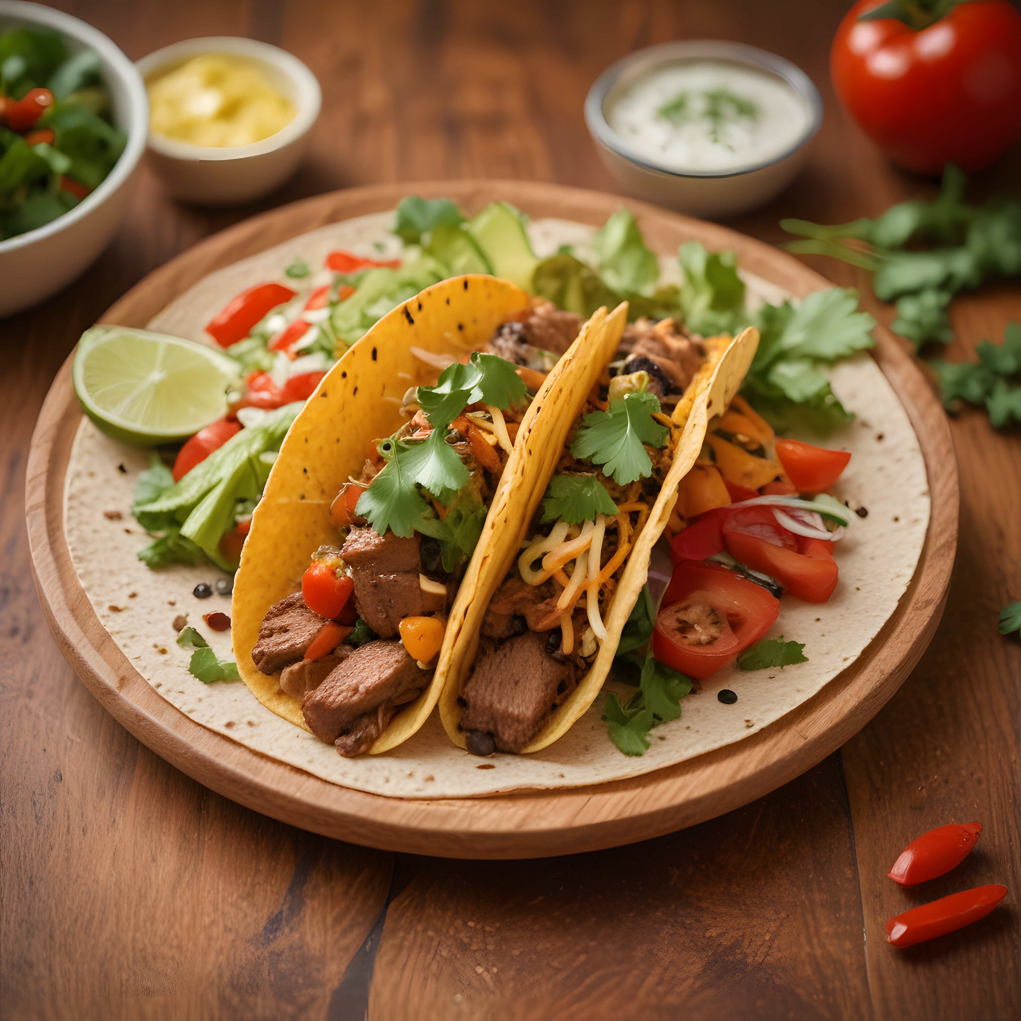 Ahşap Sunum Tahtası Üzerinde Meksika Usulü Etli Taco ve Taze Garnitürler