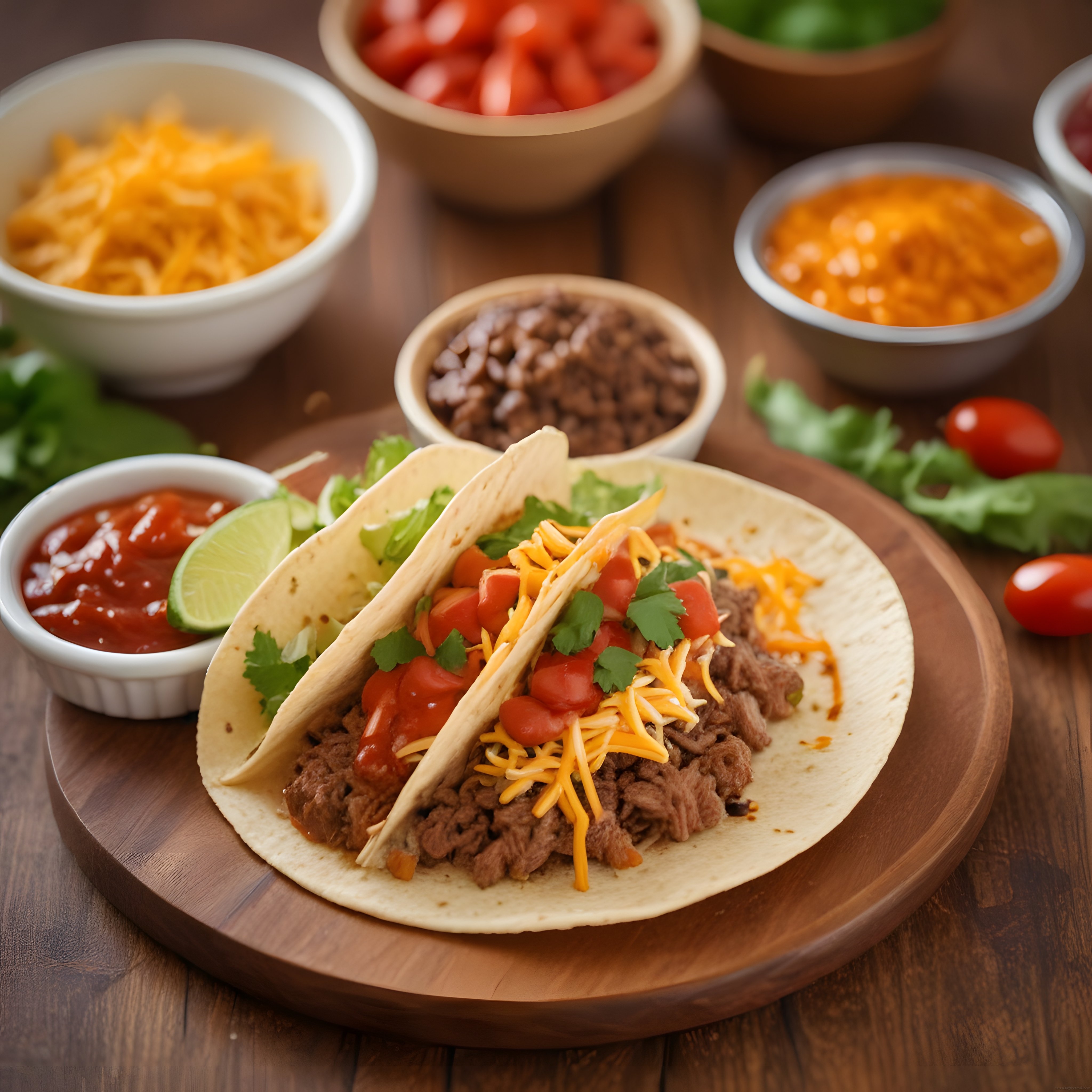 Ahşap Sunum Tahtası Üzerinde Meksika Usulü Etli Taco ve Yan Malzemeleri