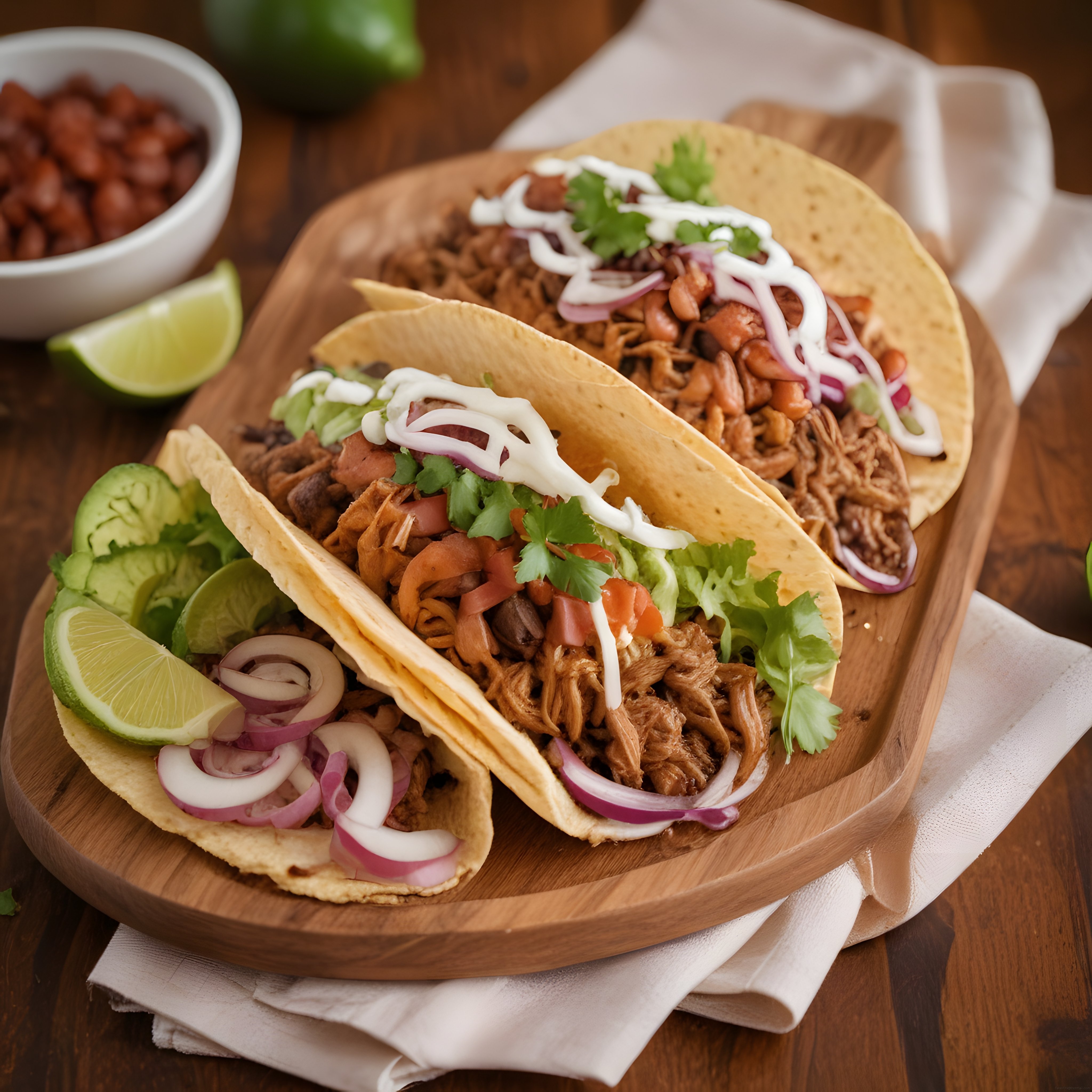Ahşap Sunum Tahtası Üzerinde Meksika Usulü Tacos ve Taze Malzemeler