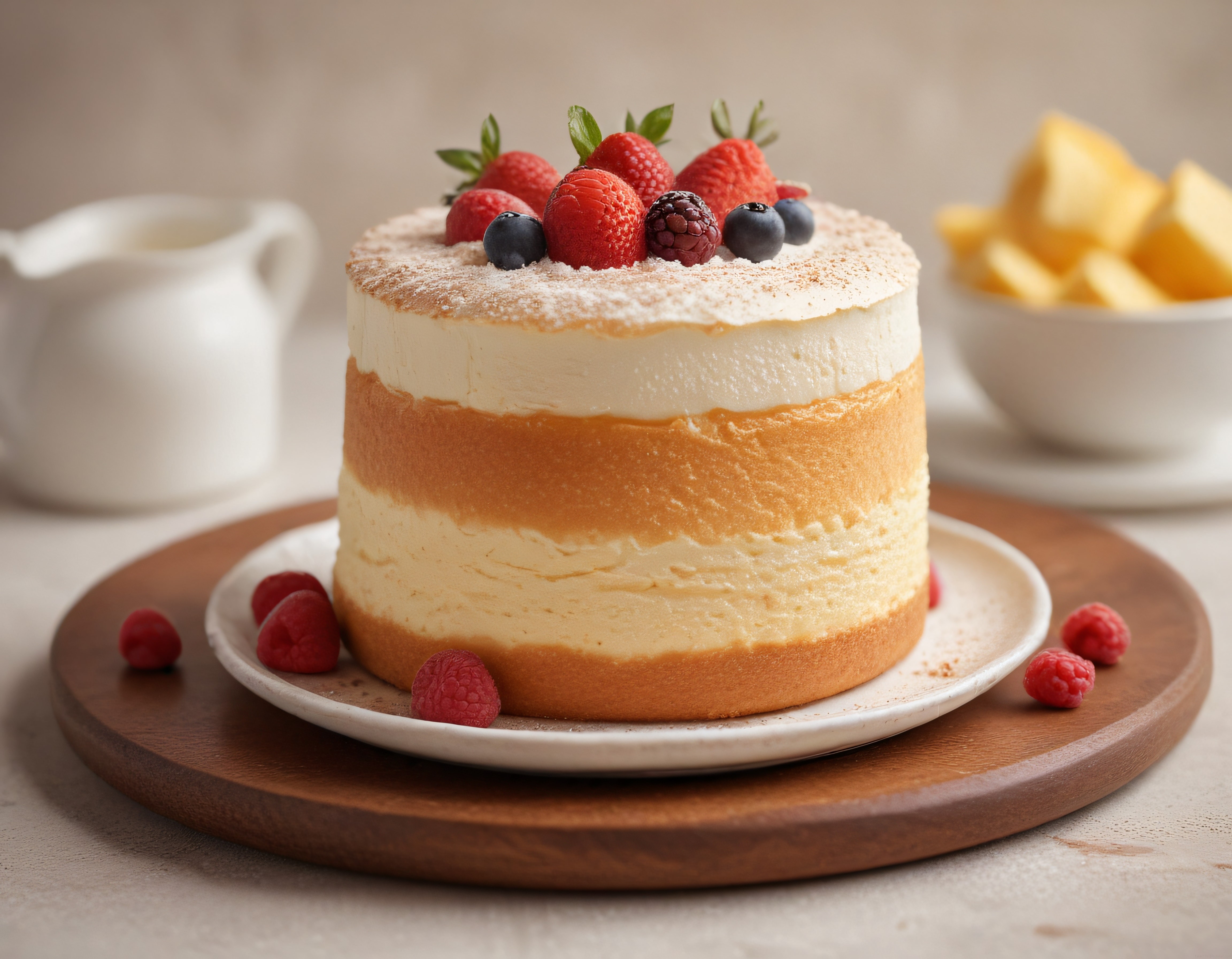Ahşap Sunum Tahtası Üzerinde Meyveli Katmanlı Cheesecake Görseli