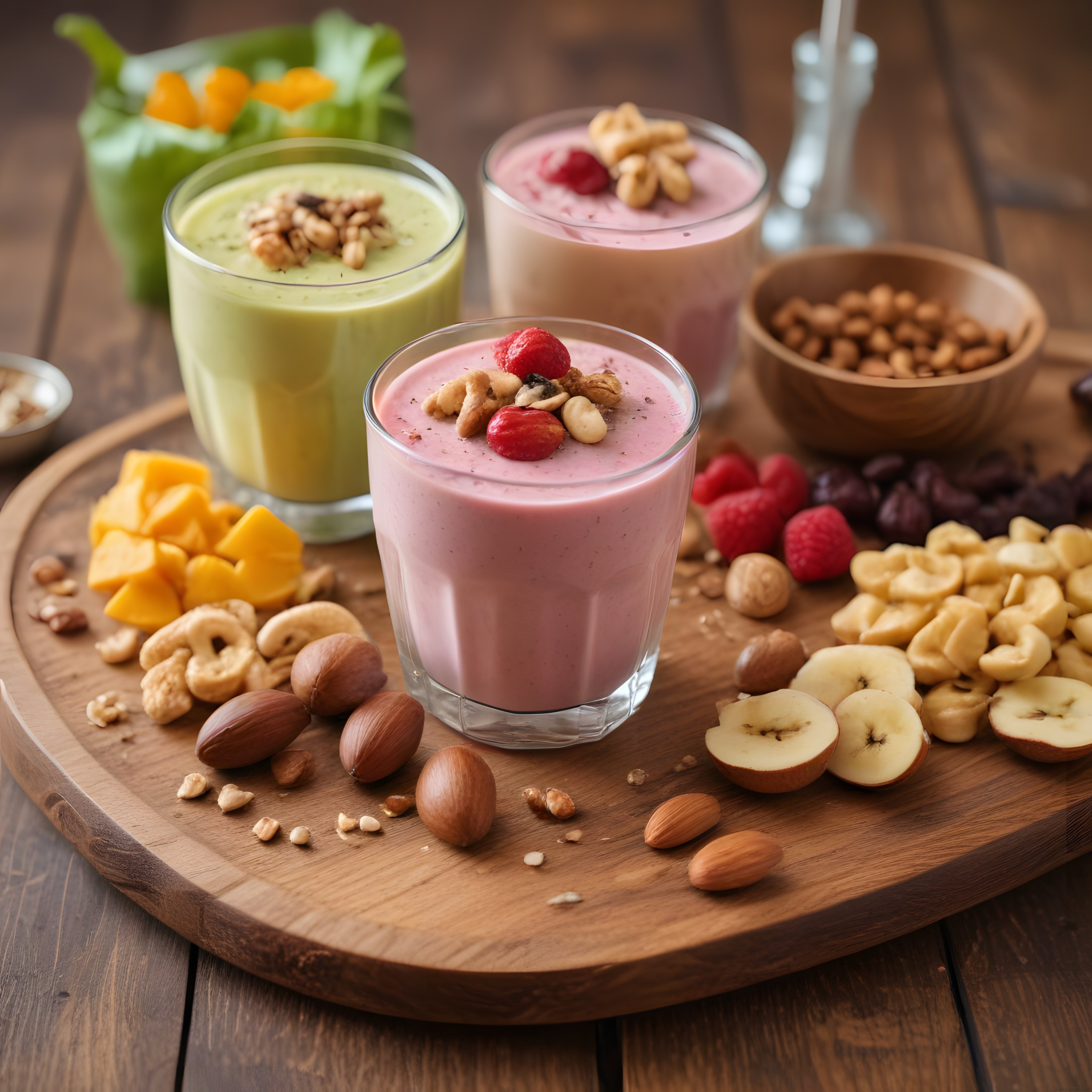 Ahşap Sunum Tahtası Üzerinde Meyveli ve Kuruyemişli Sağlıklı Smoothie Çeşitleri