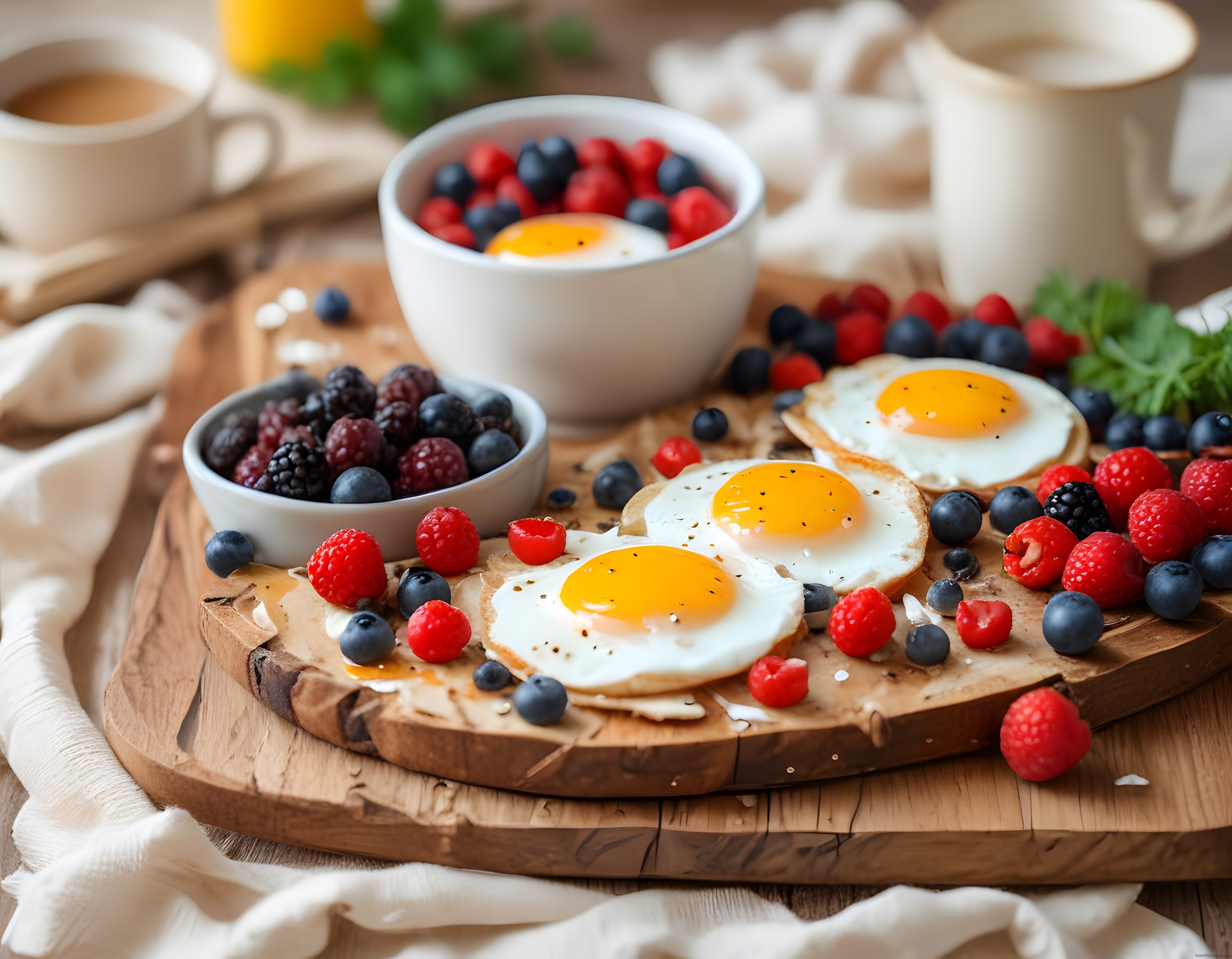 Ahşap sunum tahtası üzerinde meyveli ve yumurtalı sağlıklı kahvaltı tablosu