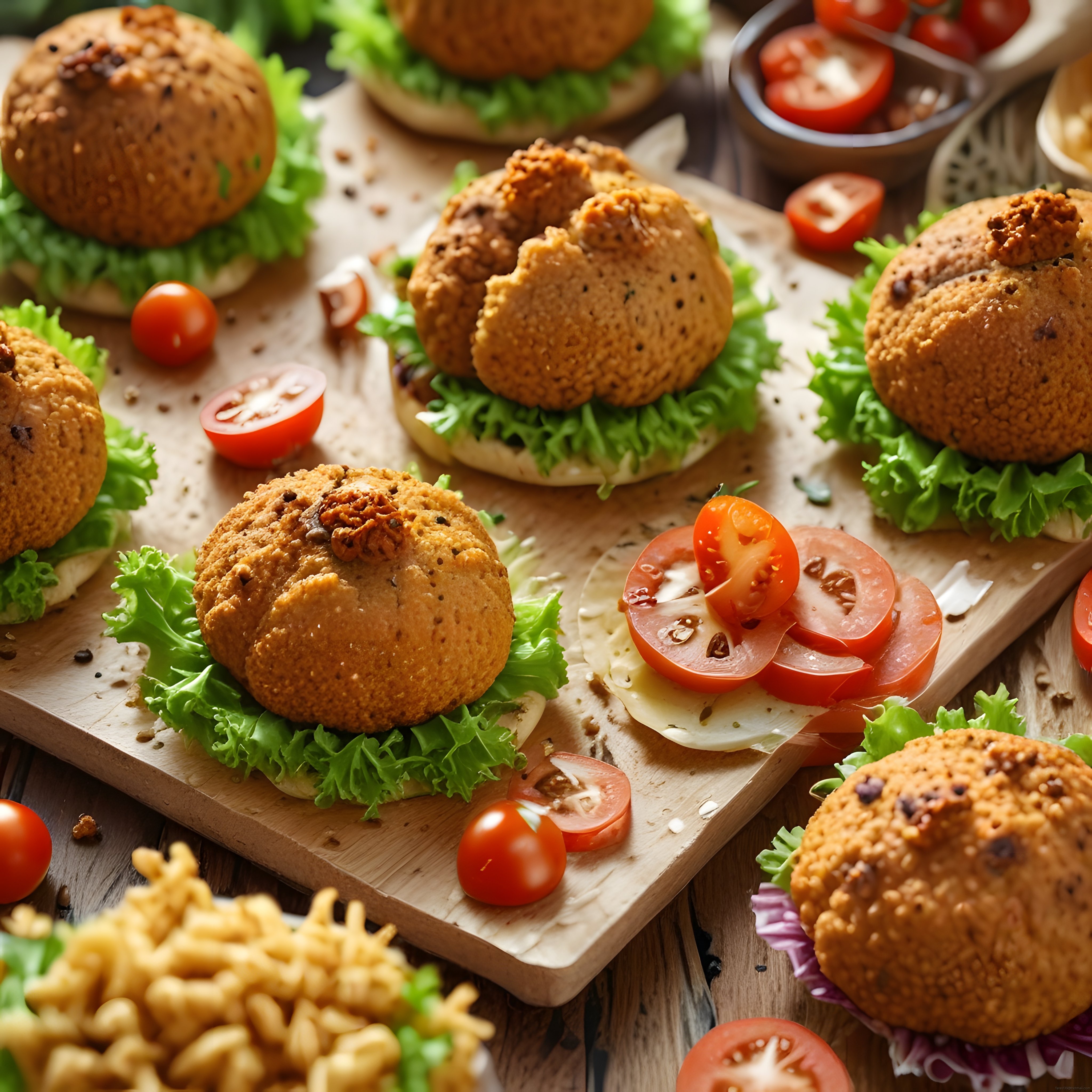 Ahşap sunum tahtası üzerinde mini burgerler ve taze sebzeler