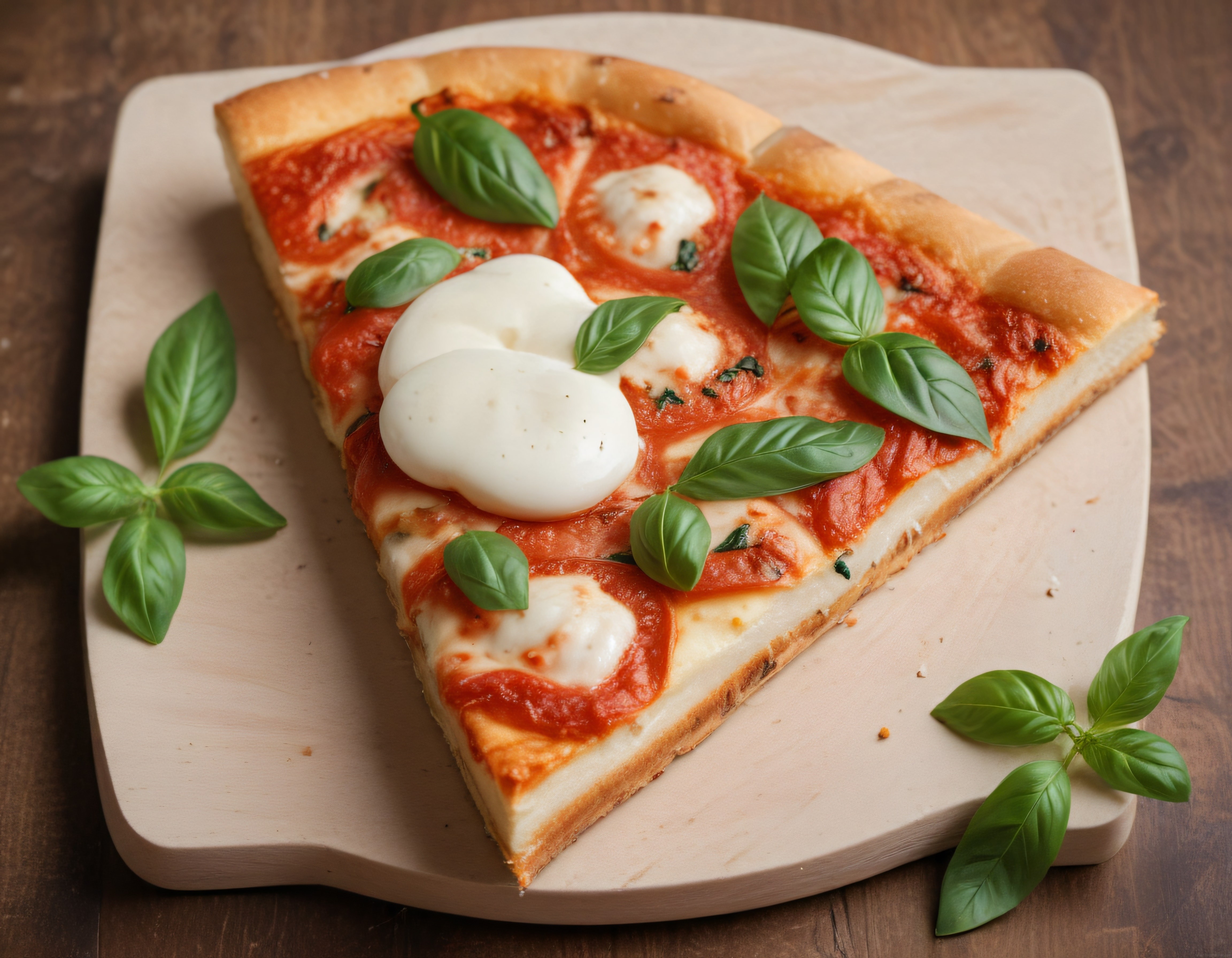 Ahşap Sunum Tahtası Üzerinde Mozzarella ve Fesleğenli Pizza Dilimi