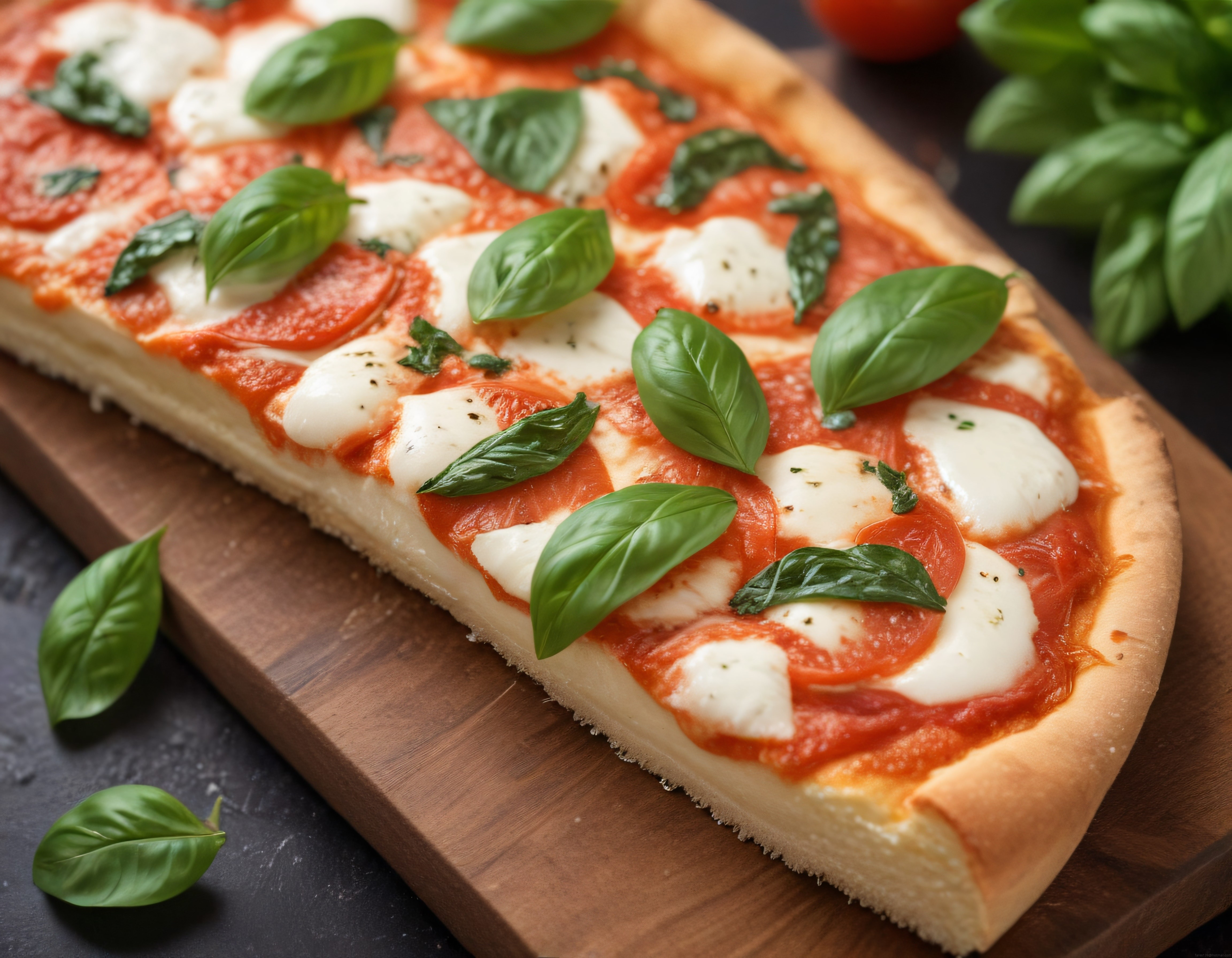 Ahşap Sunum Tahtası Üzerinde Mozzarella ve Fesleğenli Taze Margherita Pizza