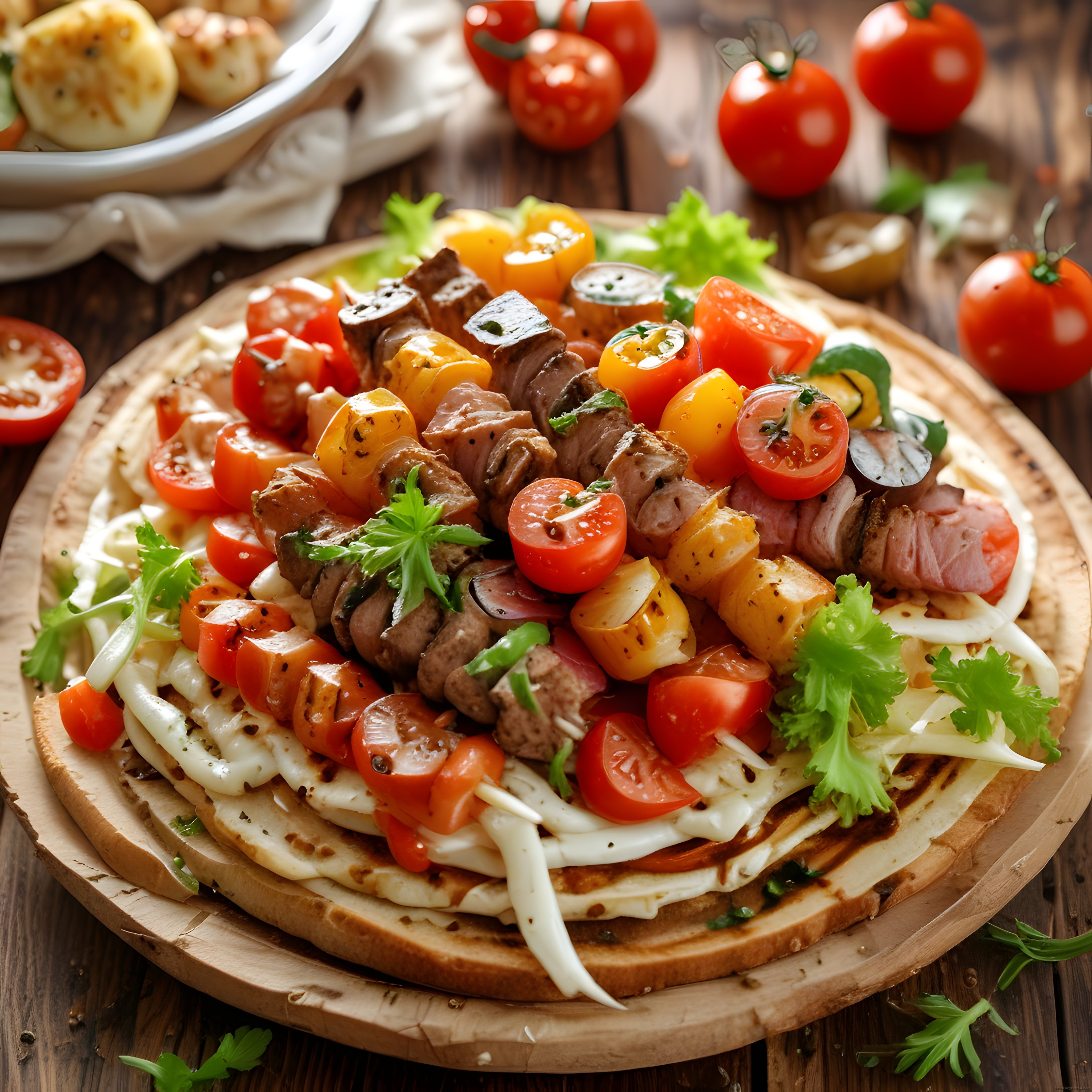 Ahşap Sunum Tahtası Üzerinde Nefis Etli Peynirli ve Domatesli Pizza
