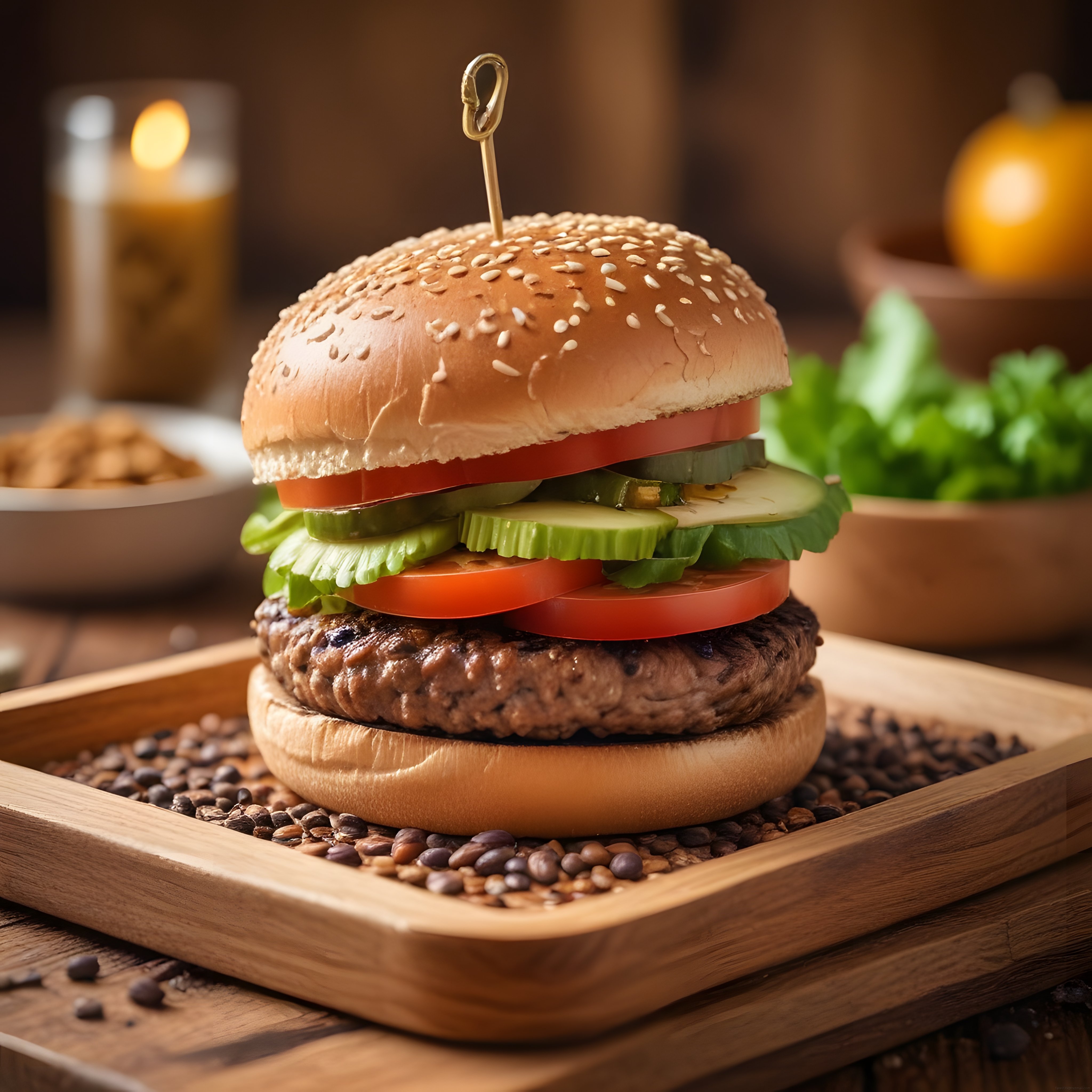 Ahşap sunum tahtası üzerinde nefis gourmet hamburger ve sıcak restoran atmosferi