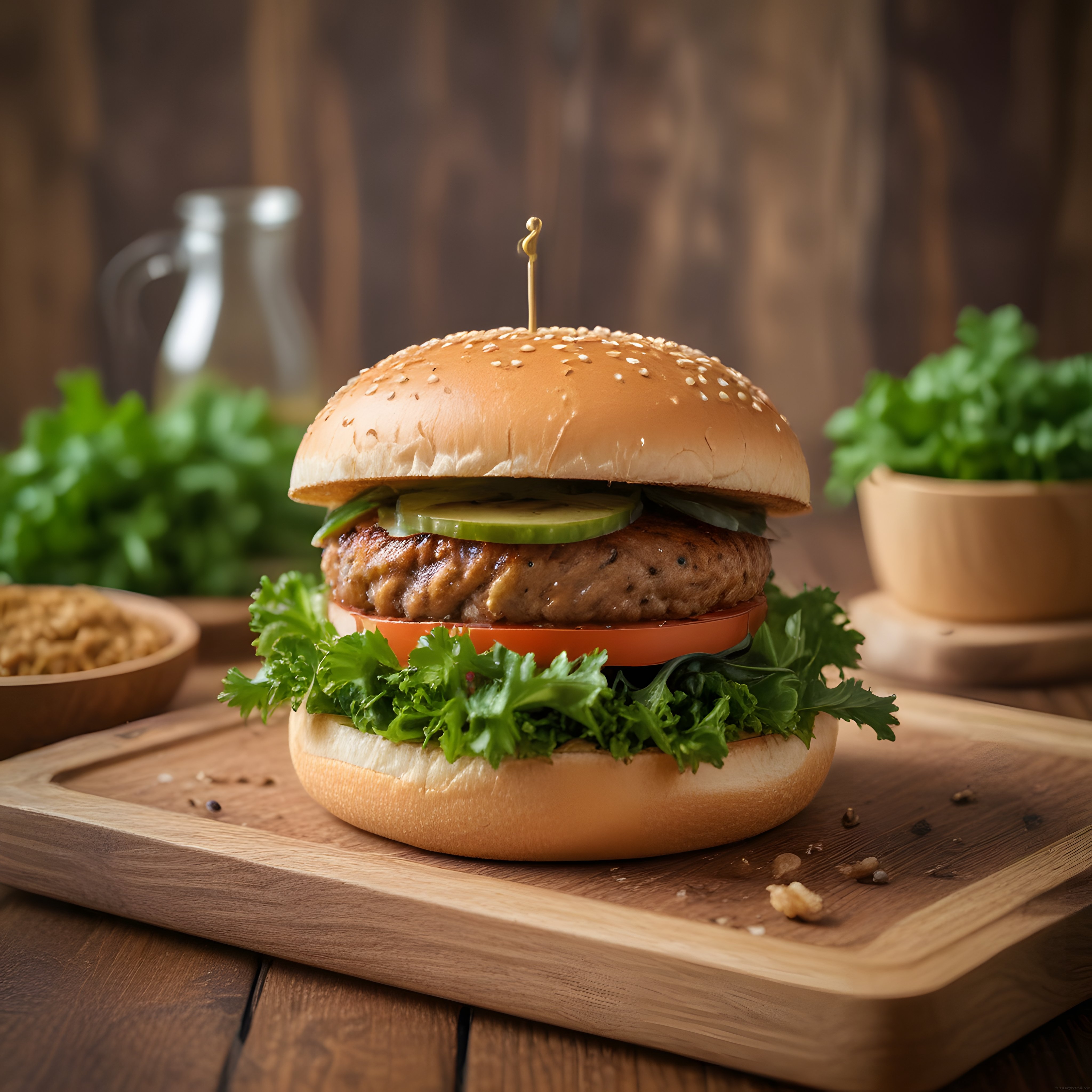 Ahşap Sunum Tahtası Üzerinde Nefis Izgara Burger ve Taze Yeşillikler