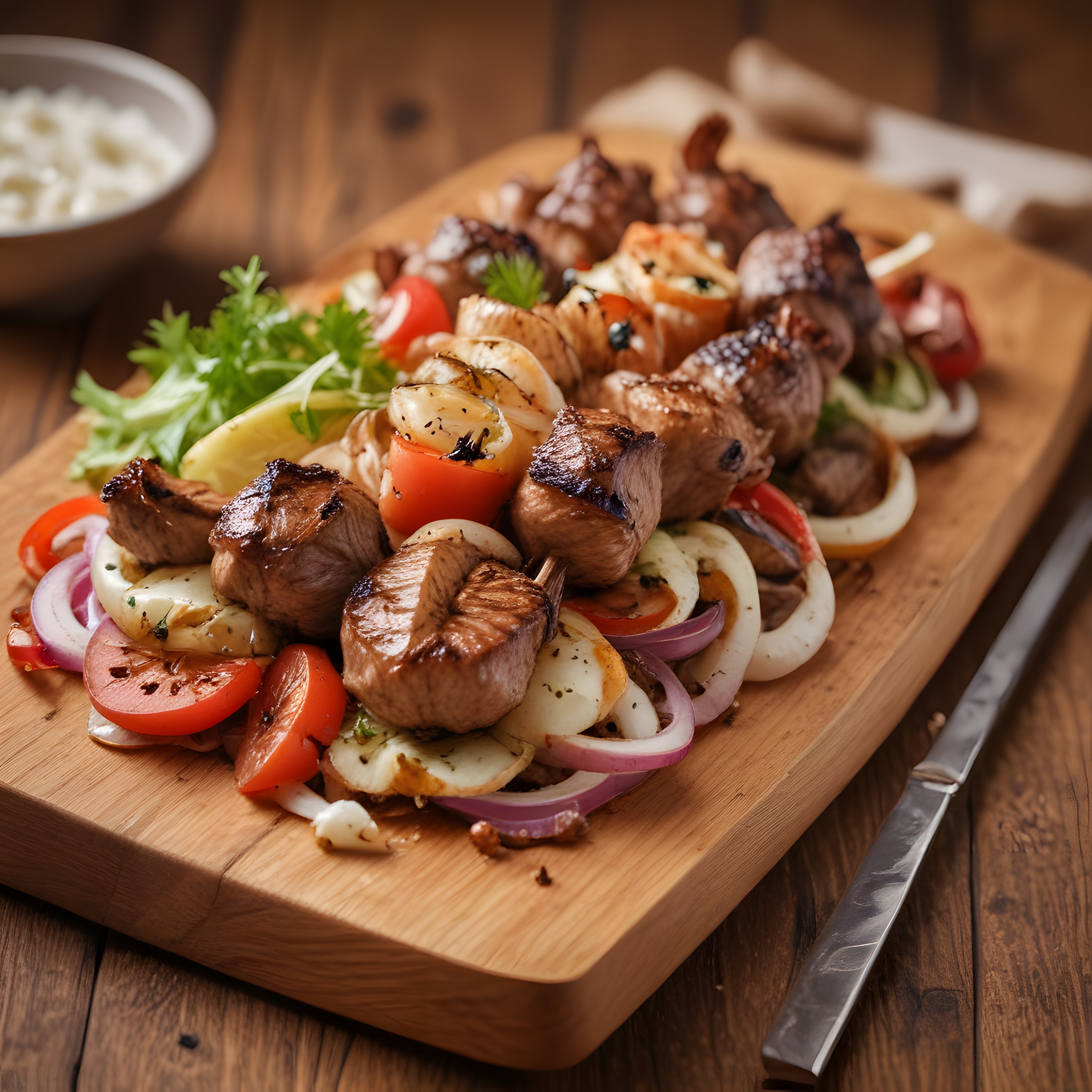 Ahşap Sunum Tahtası Üzerinde Nefis Izgara Şiş Kebap ve Sebze Eşlikçileri
