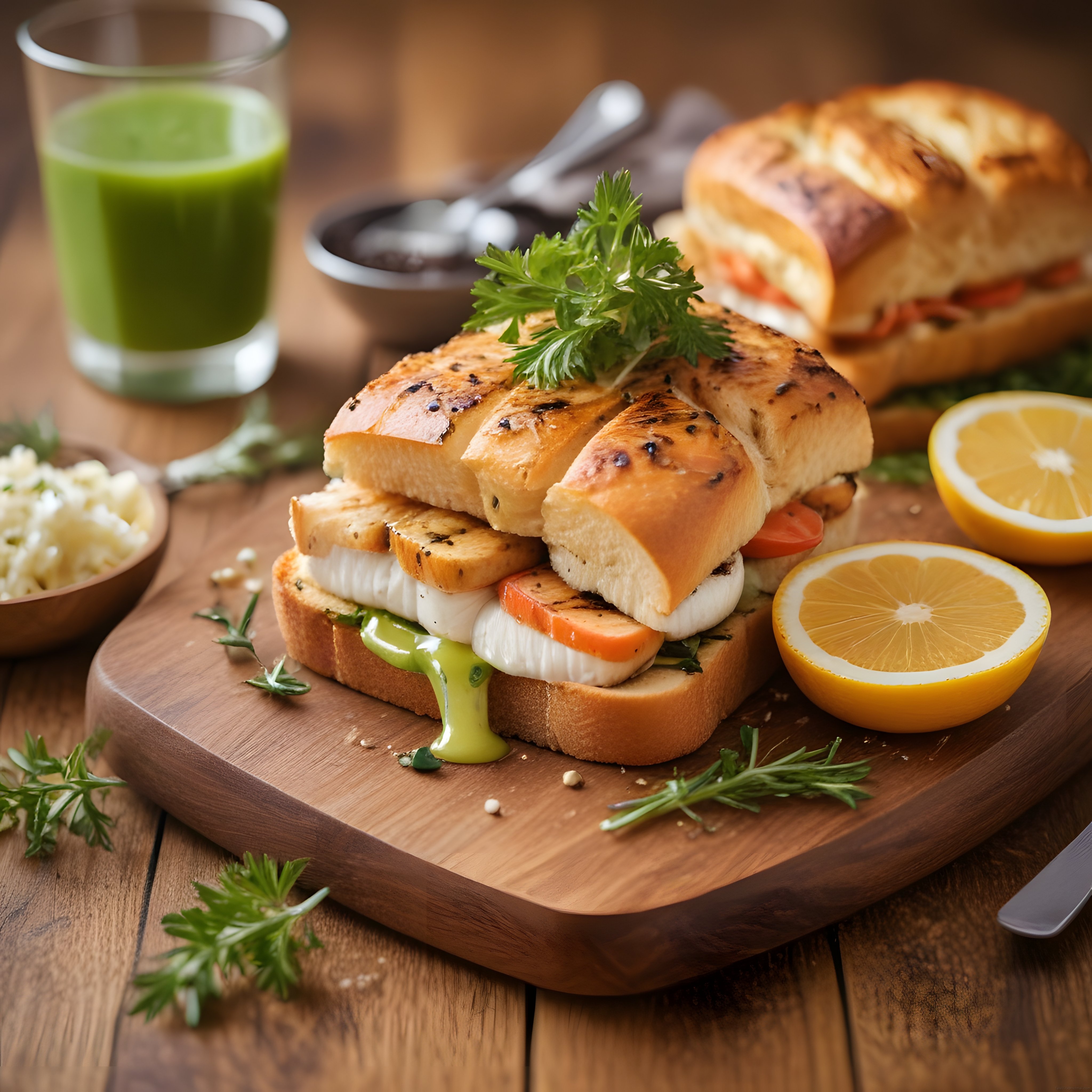 Ahşap Sunum Tahtası Üzerinde Nefis Kahvaltılık Sandviç ve Yeşil Smoothie