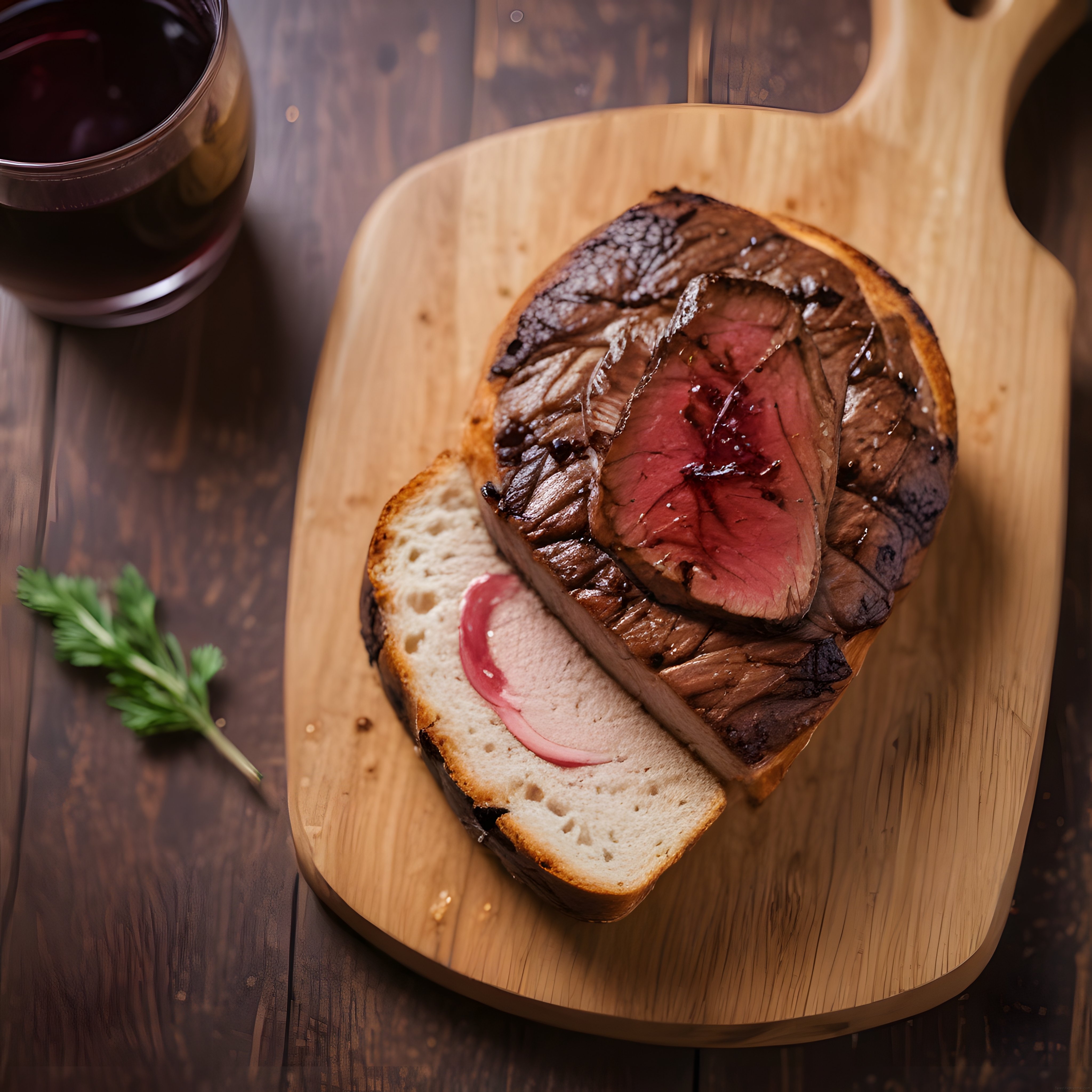 Ahşap Sunum Tahtası Üzerinde Nefis Rostbeef Sandviç ve Kadeh Kırmızı Şarap