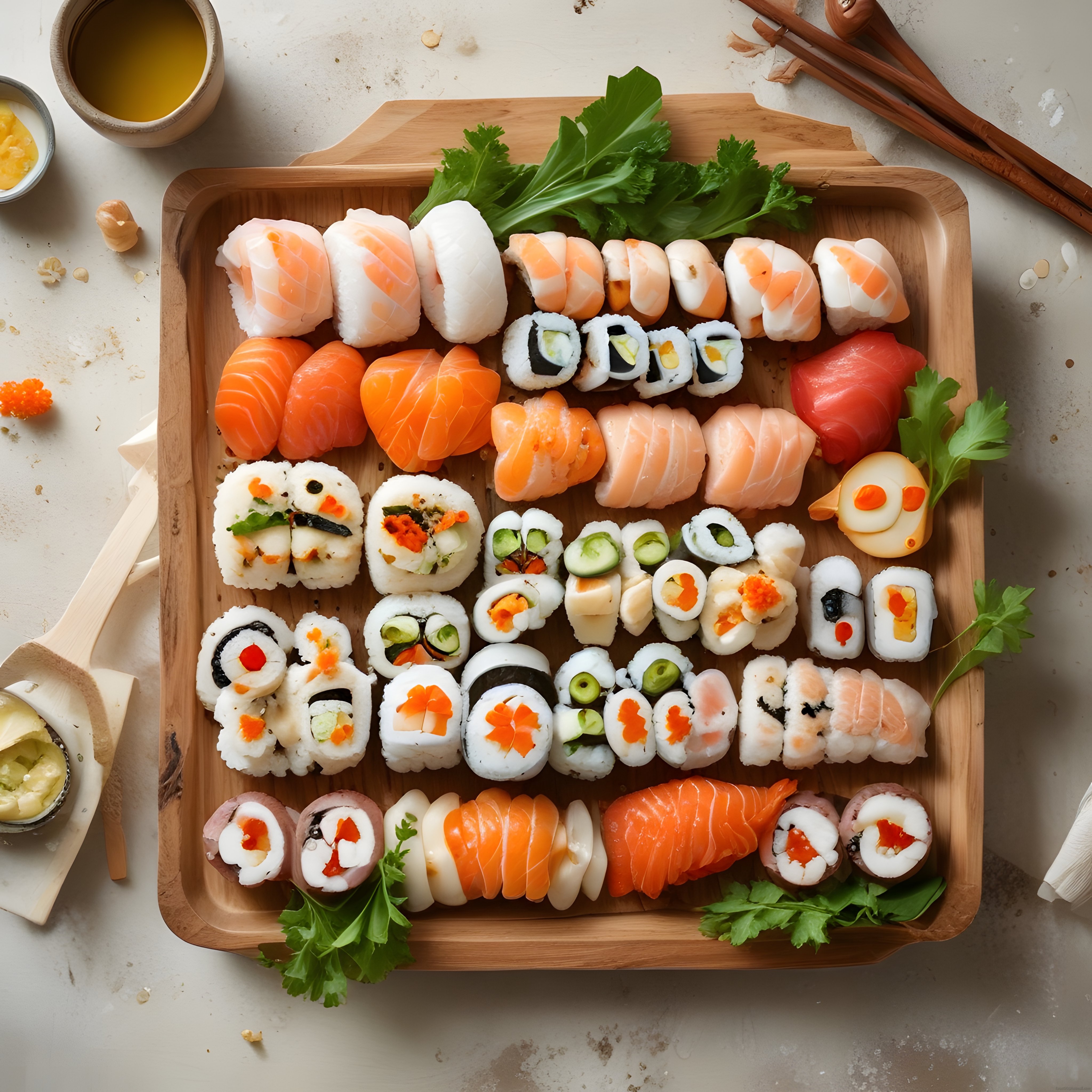 Ahşap Sunum Tahtası Üzerinde Nefis Sushi Çeşitleri ve Japon Lezzetleri