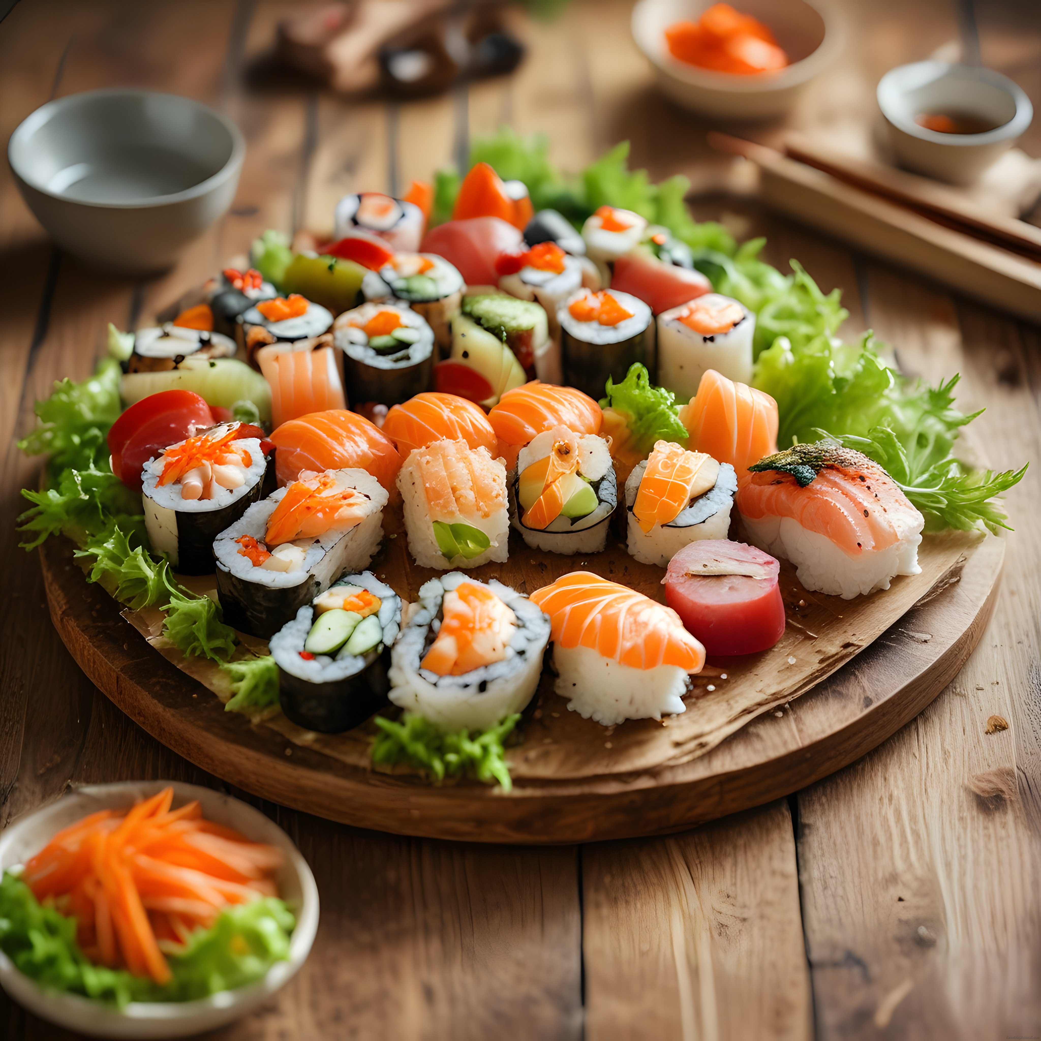 ahşap sunum tahtası üzerinde nefis ve renkli çeşit çeşit sushi tabağı