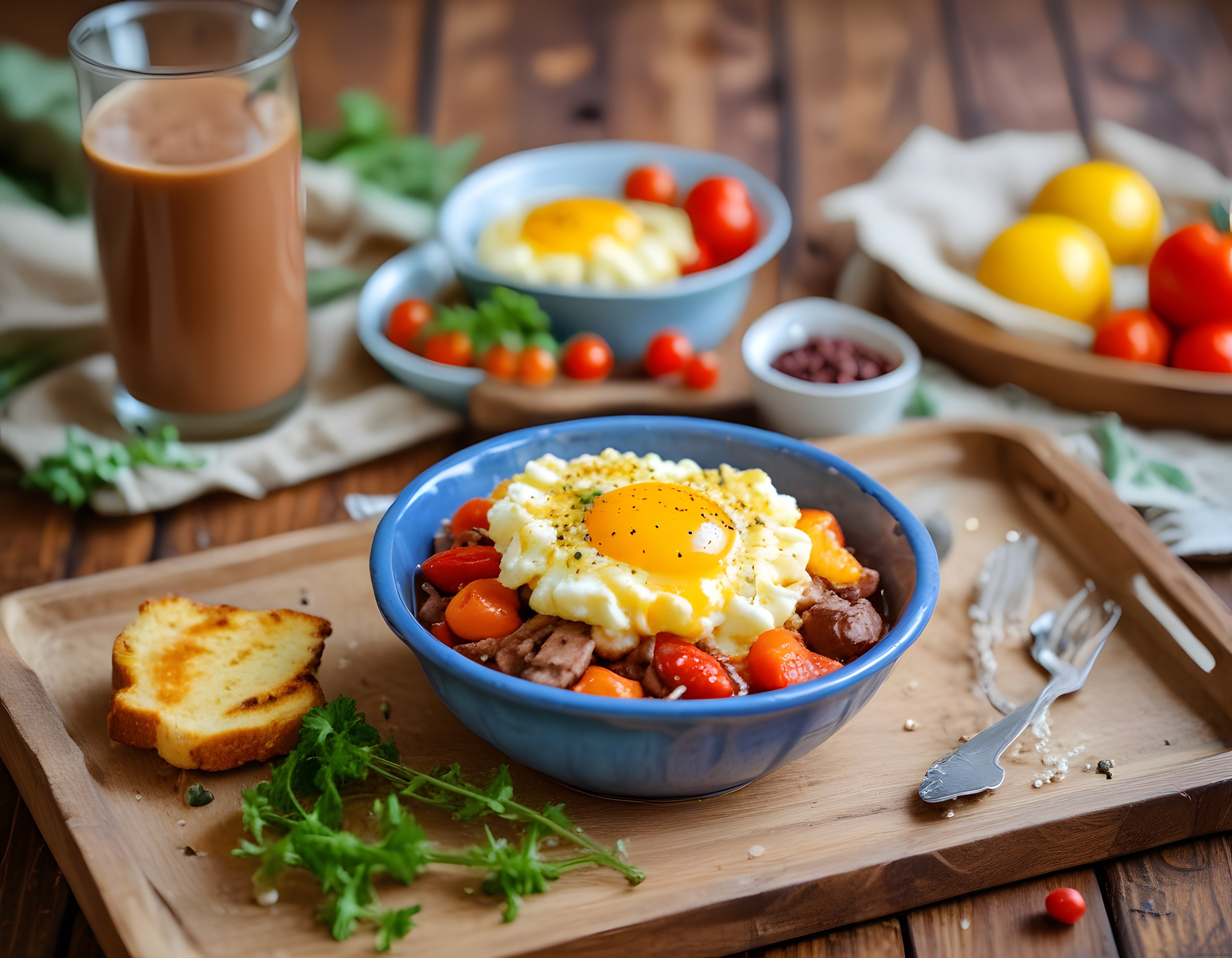 Ahşap Sunum Tahtası Üzerinde Nefis Yumurtalı Kahvaltı Kasesi ve Soğuk Kahve