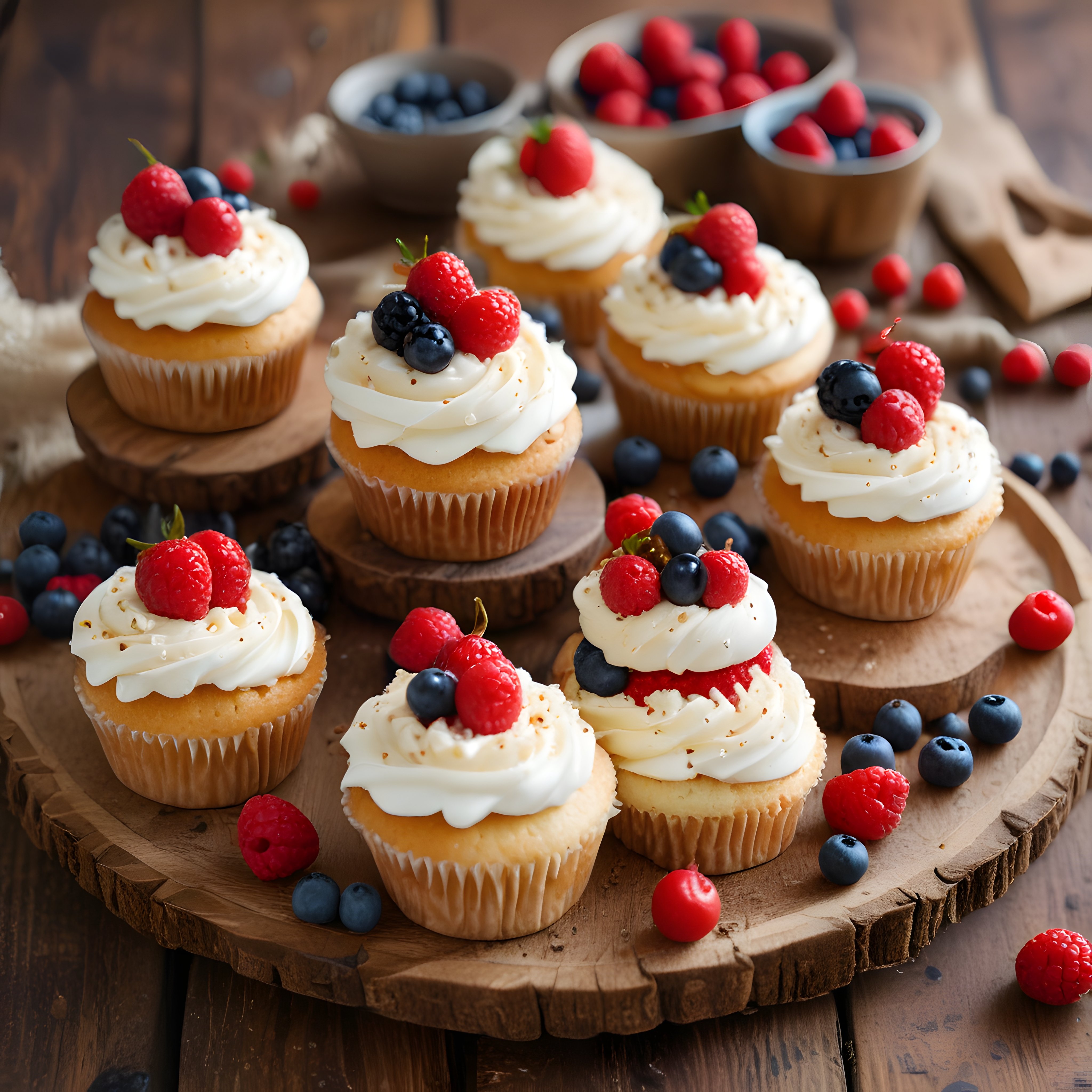 Ahşap Sunum Tahtası Üzerinde Orman Meyveli Cupcake ve Taze Yaban Mersini