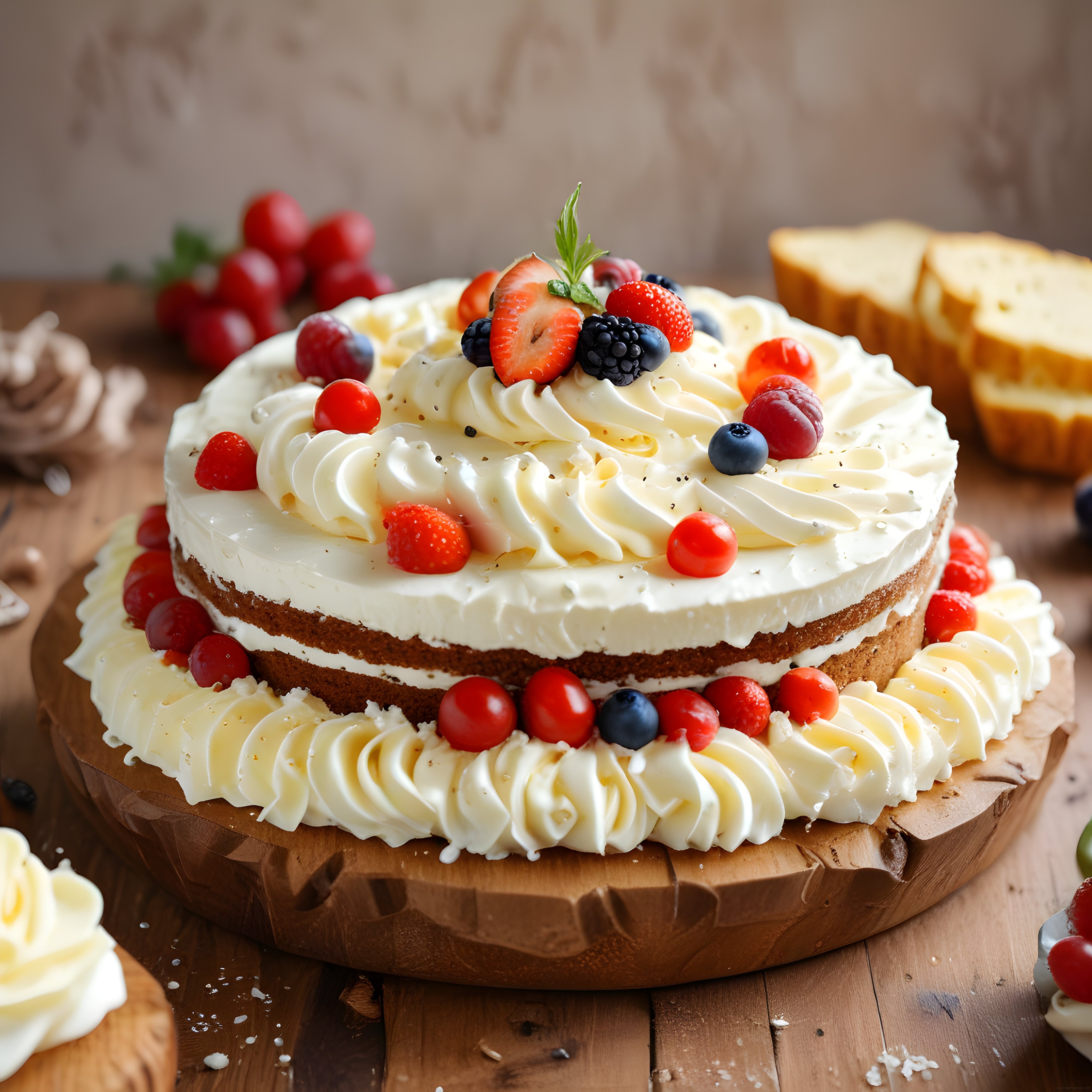 Ahşap sunum tahtası üzerinde orman meyveli katmanlı kremalı doğal pasta