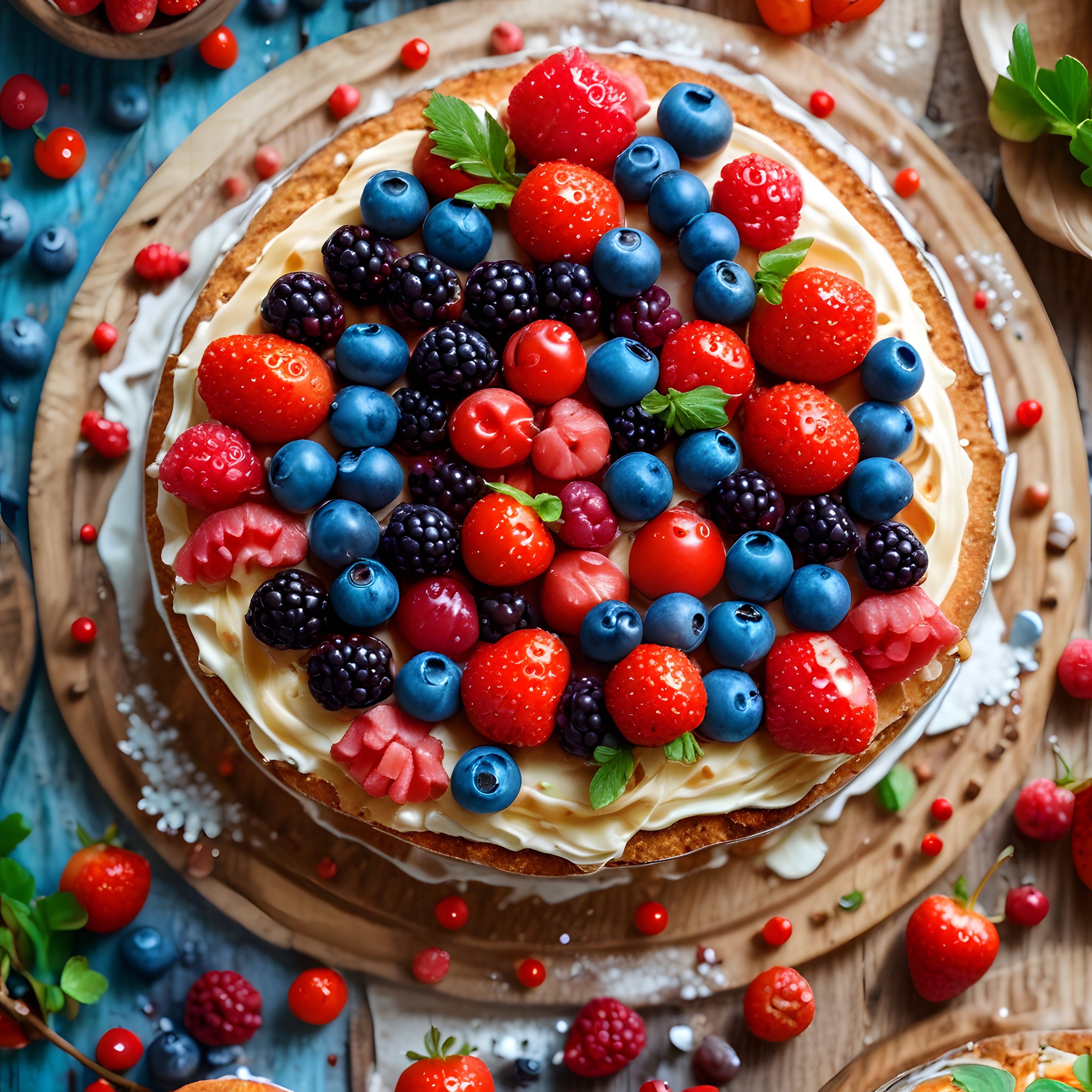 Ahşap Sunum Tahtası Üzerinde Orman Meyveli Kremalı Tart Pasta Görseli