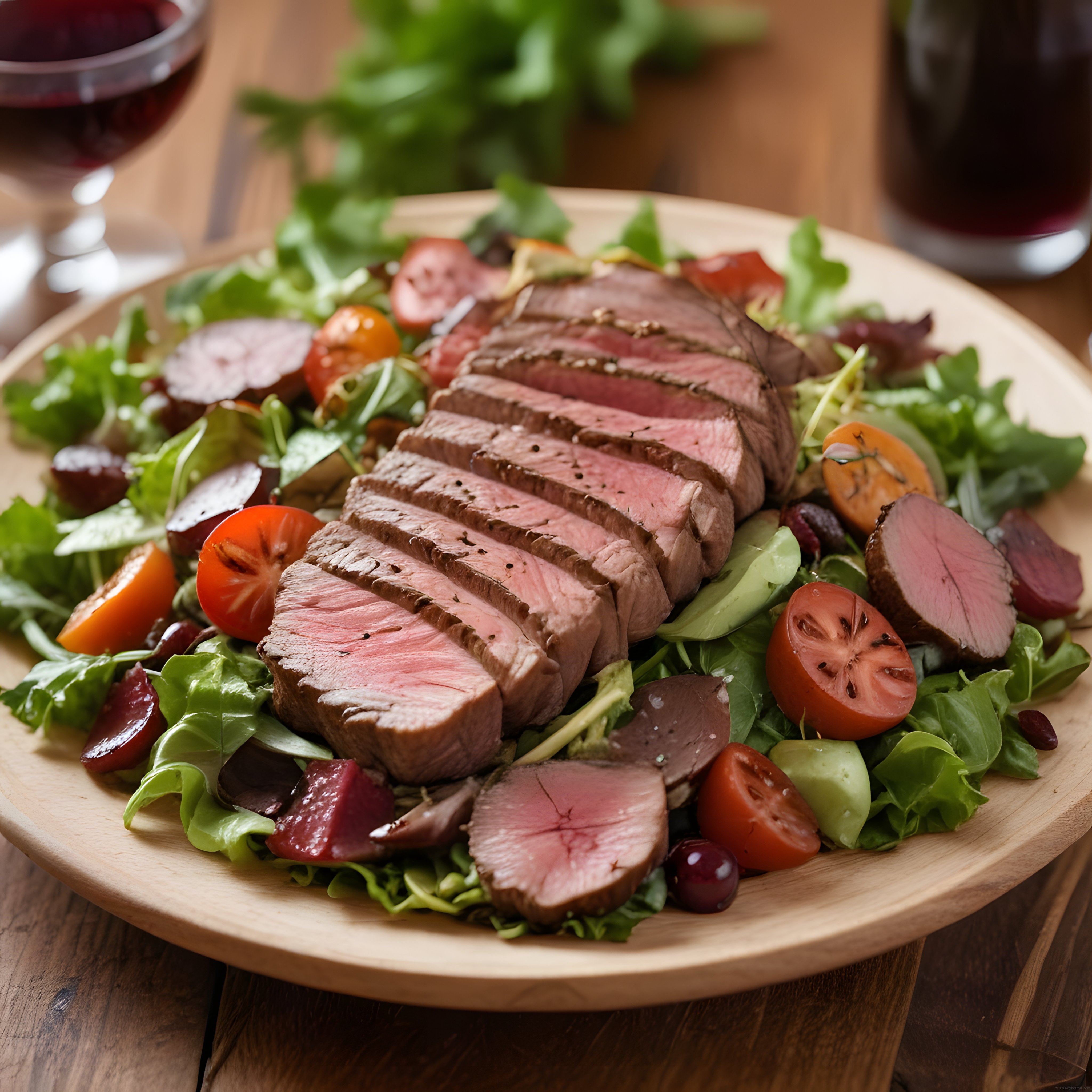 Ahşap Sunum Tahtası Üzerinde Orta Pişmiş Dilimlenmiş Biftek ve Taze Salata