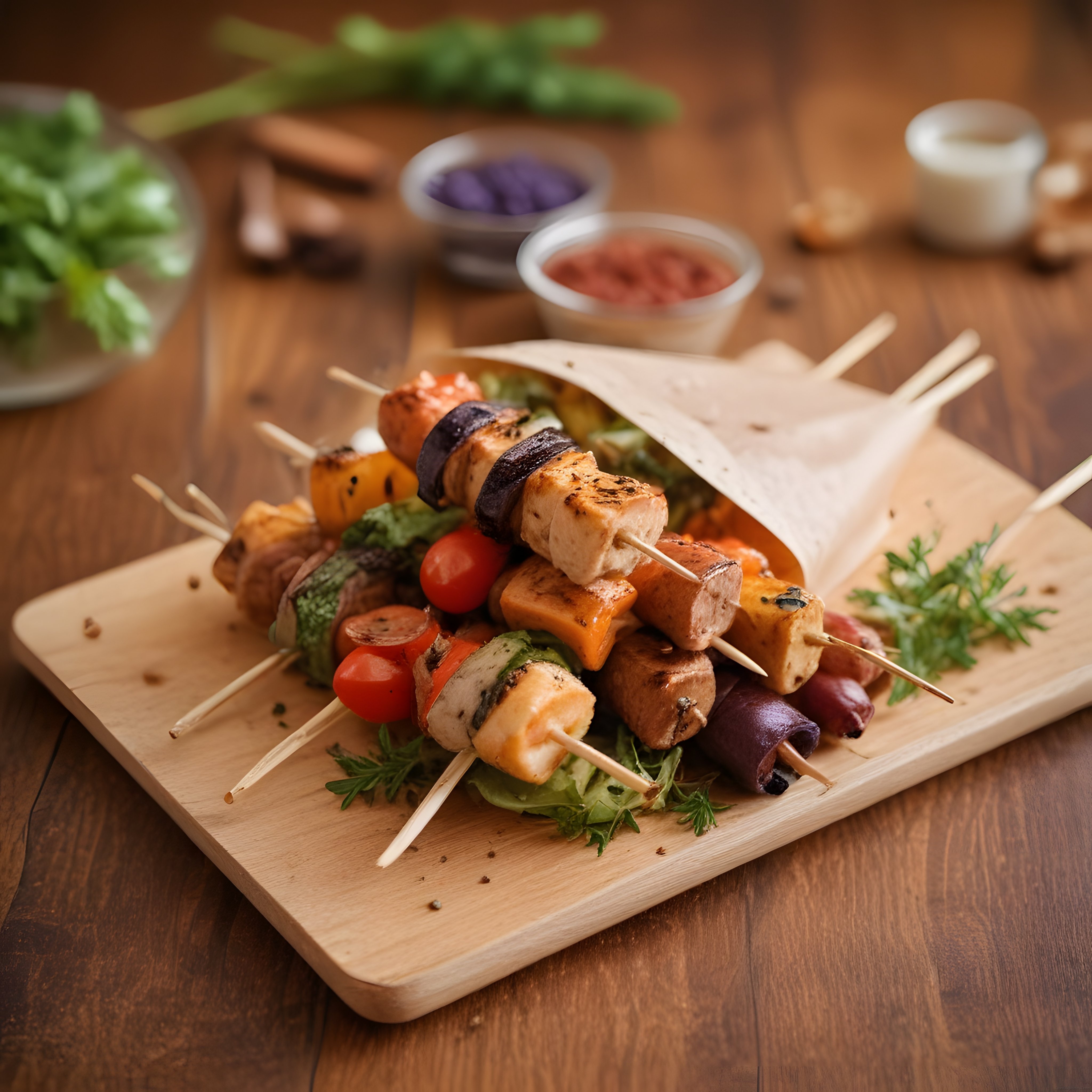 Ahşap Sunum Tahtası Üzerinde Özel Soslar Eşliğinde Izgara Şiş Kebap