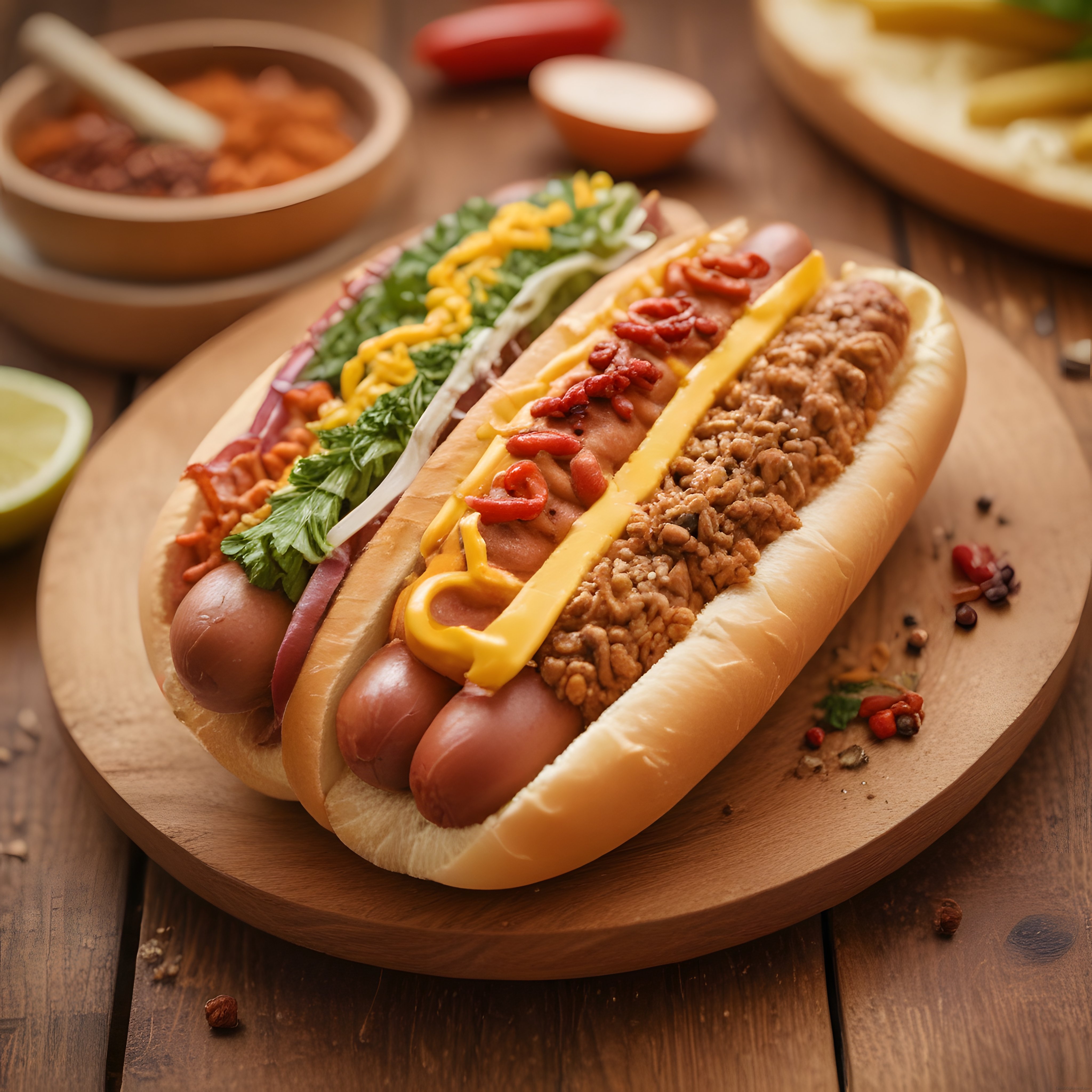 Ahşap sunum tahtası üzerinde özel soslarla hazırlanmış çift hot dog