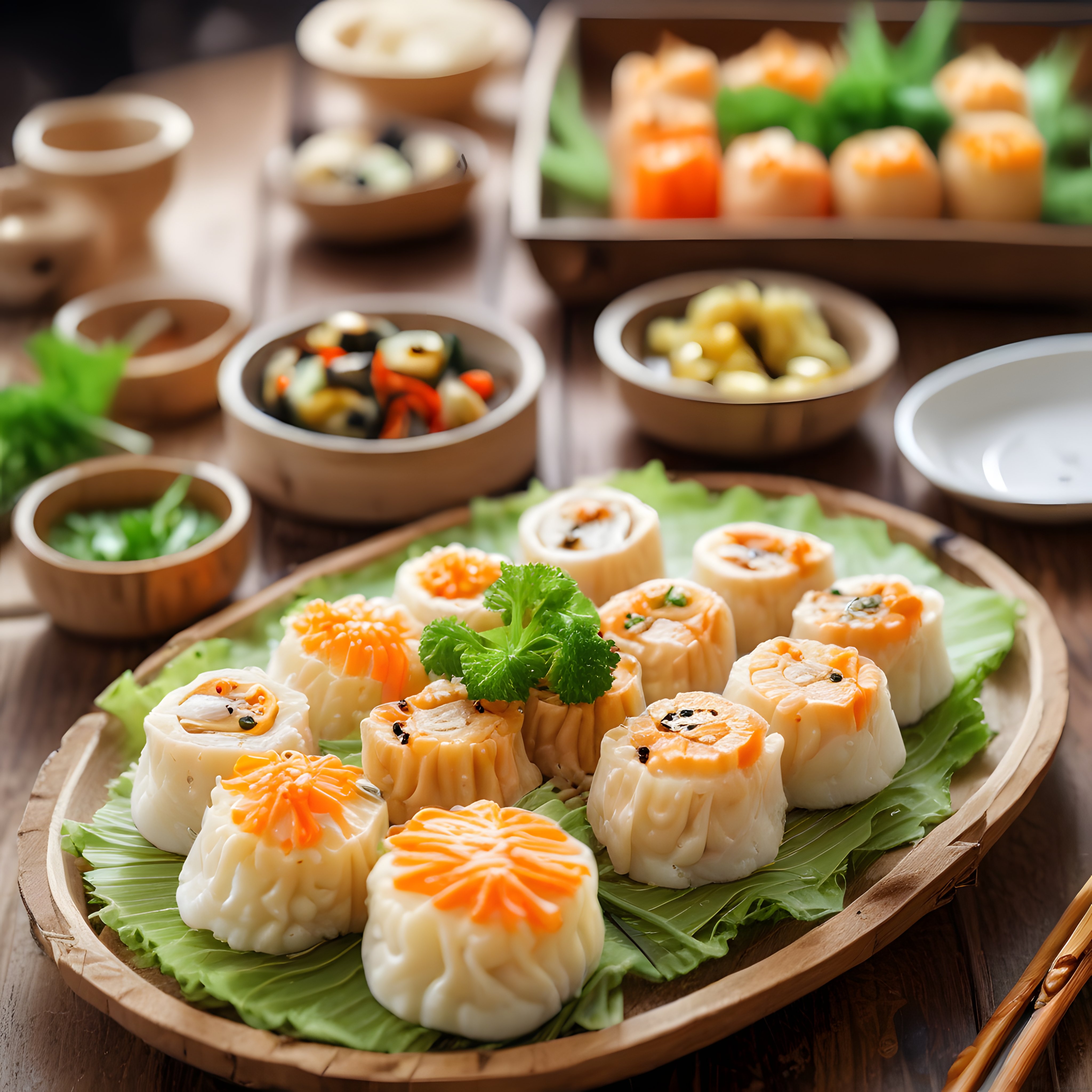Ahşap sunum tahtası üzerinde özel soslu suşi çeşitleri ve japon lezzetleri