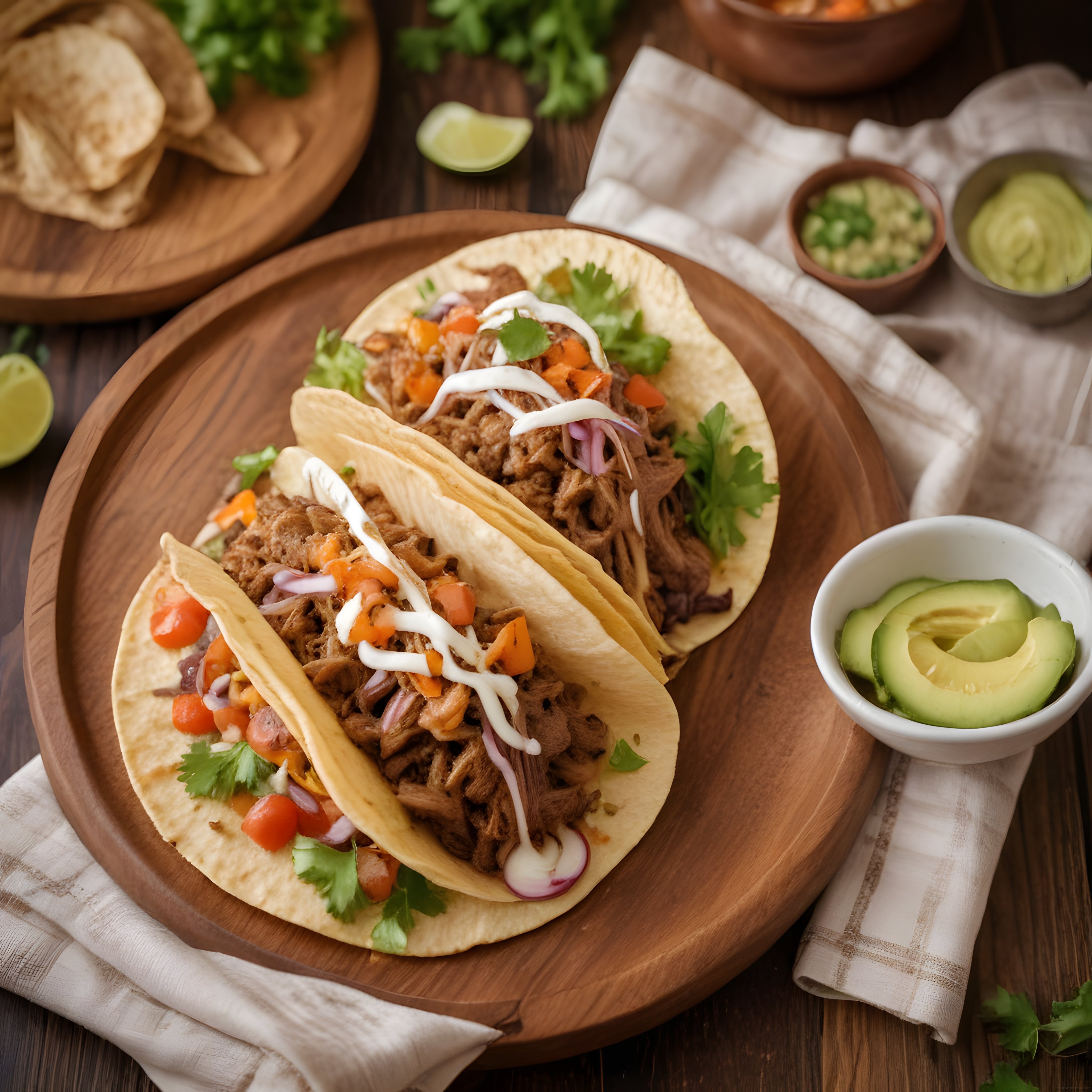Ahşap Sunum Tahtası Üzerinde Özenle Hazırlanmış Etli Tacos ve Meksika Garnitürleri