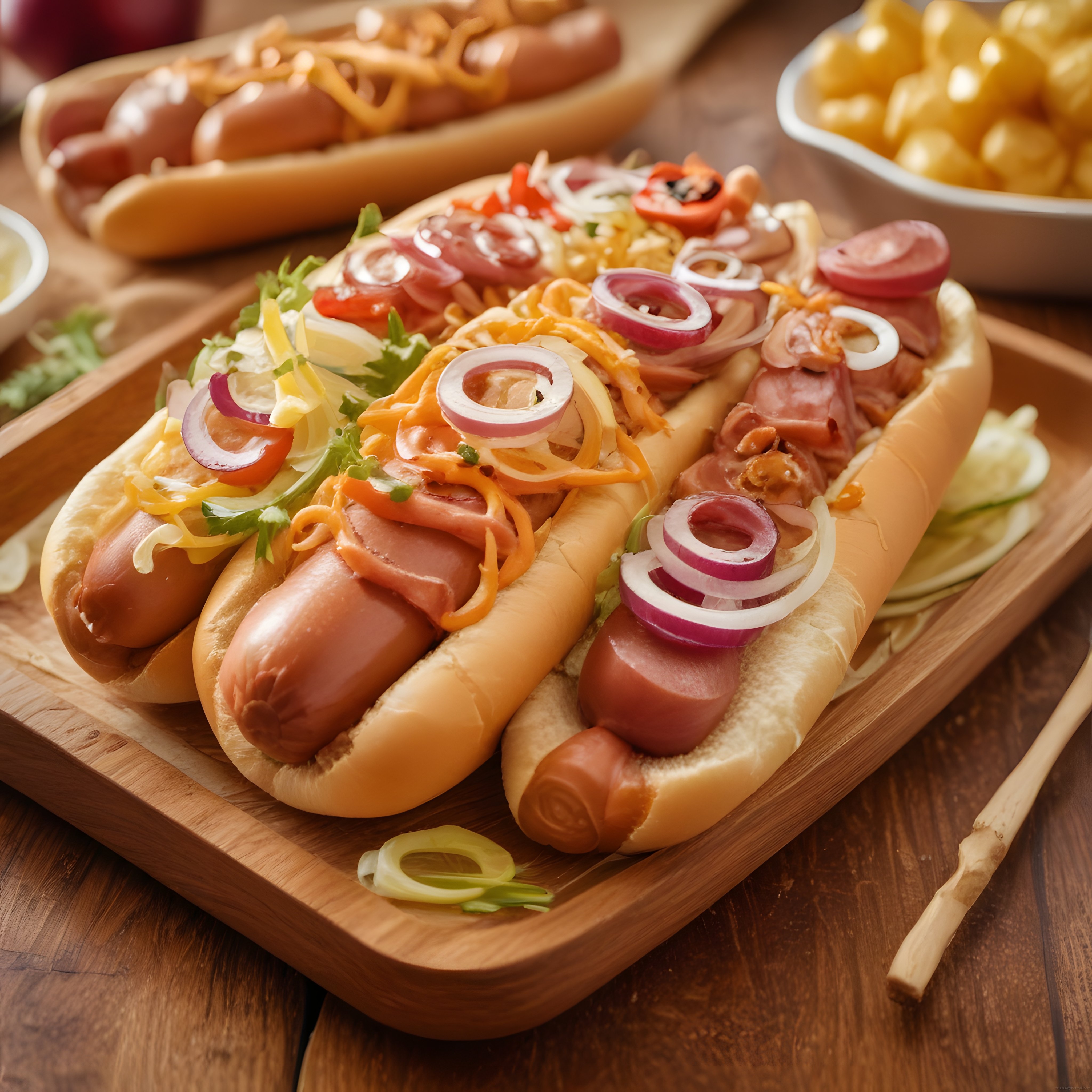 Ahşap Sunum Tahtası Üzerinde Özenle Hazırlanmış Gourmet Hot Dog Çeşitleri
