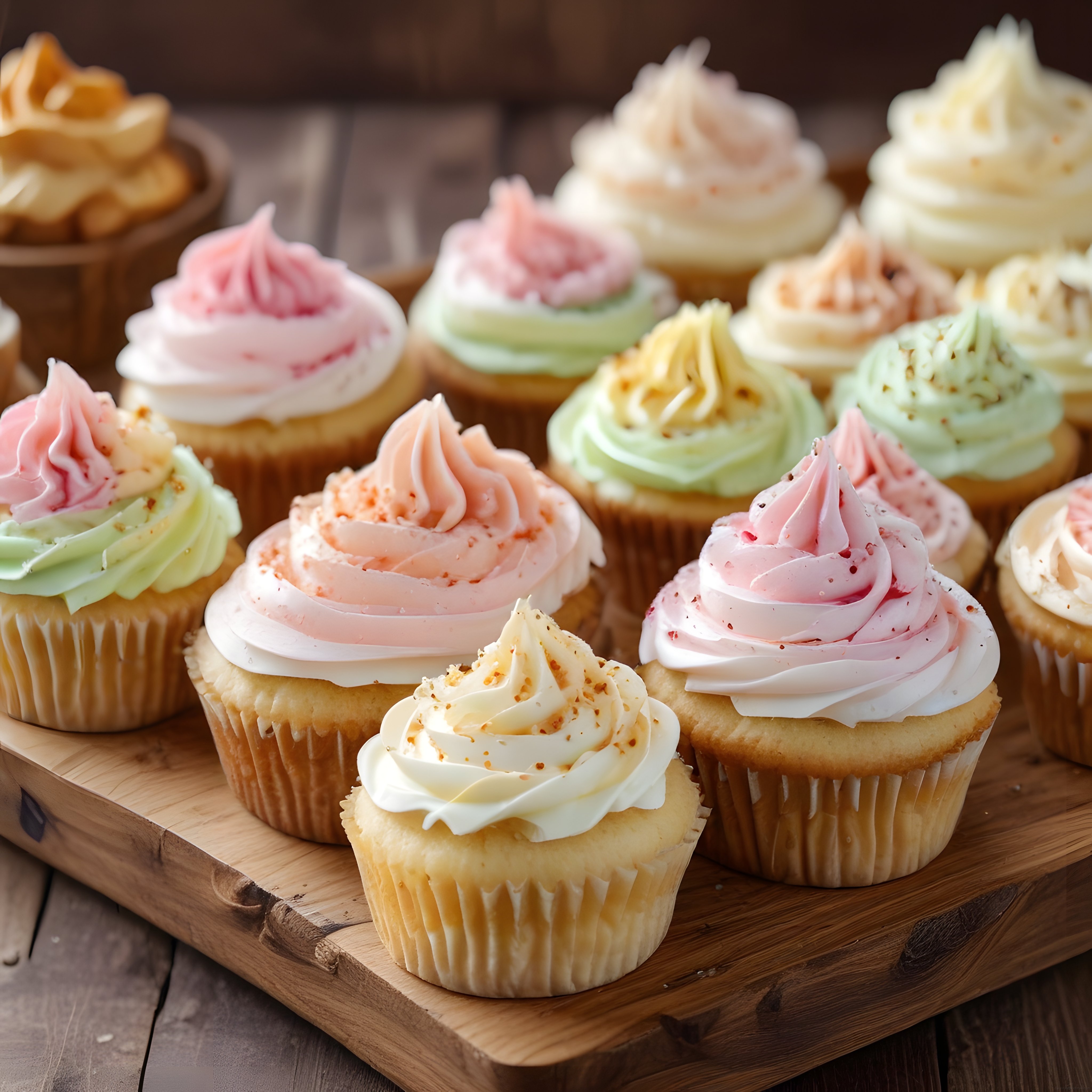 Ahşap sunum tahtası üzerinde pastel renkli kremalı cupcake çeşitleri