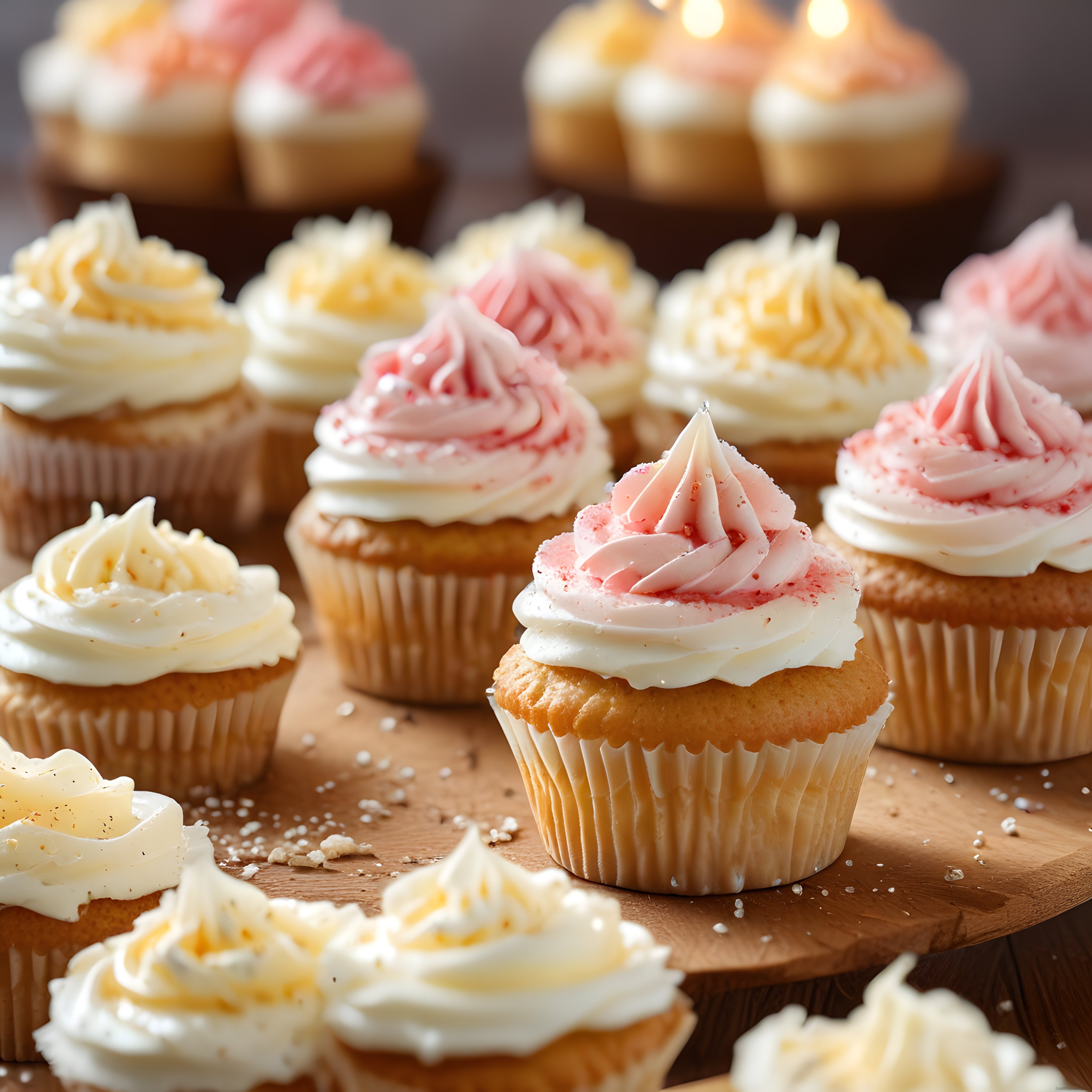 Ahşap Sunum Tahtası Üzerinde Pembe ve Beyaz Kremalı Cupcake'ler