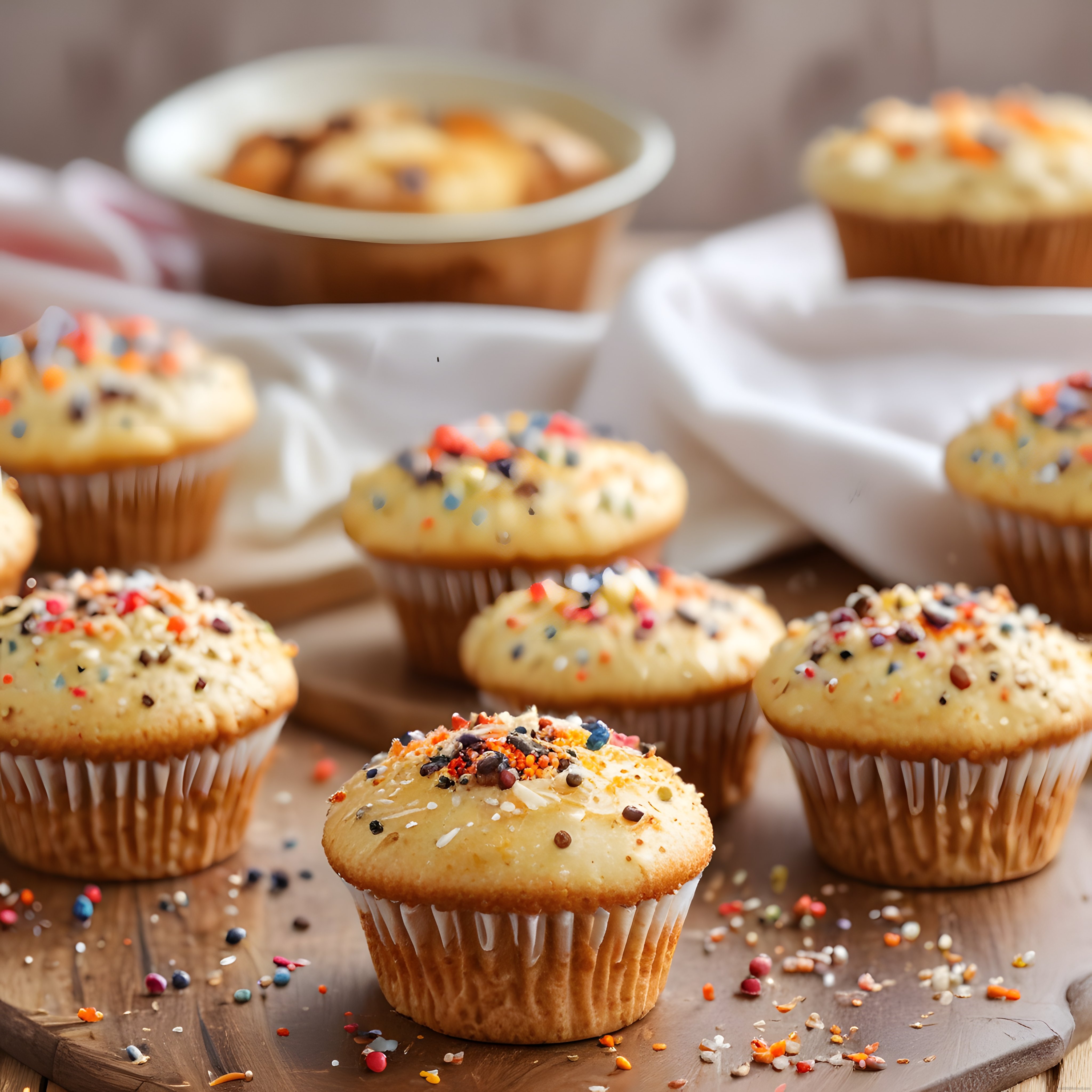 Ahşap sunum tahtası üzerinde rengarenk süslemeli ev yapımı cupcake'ler