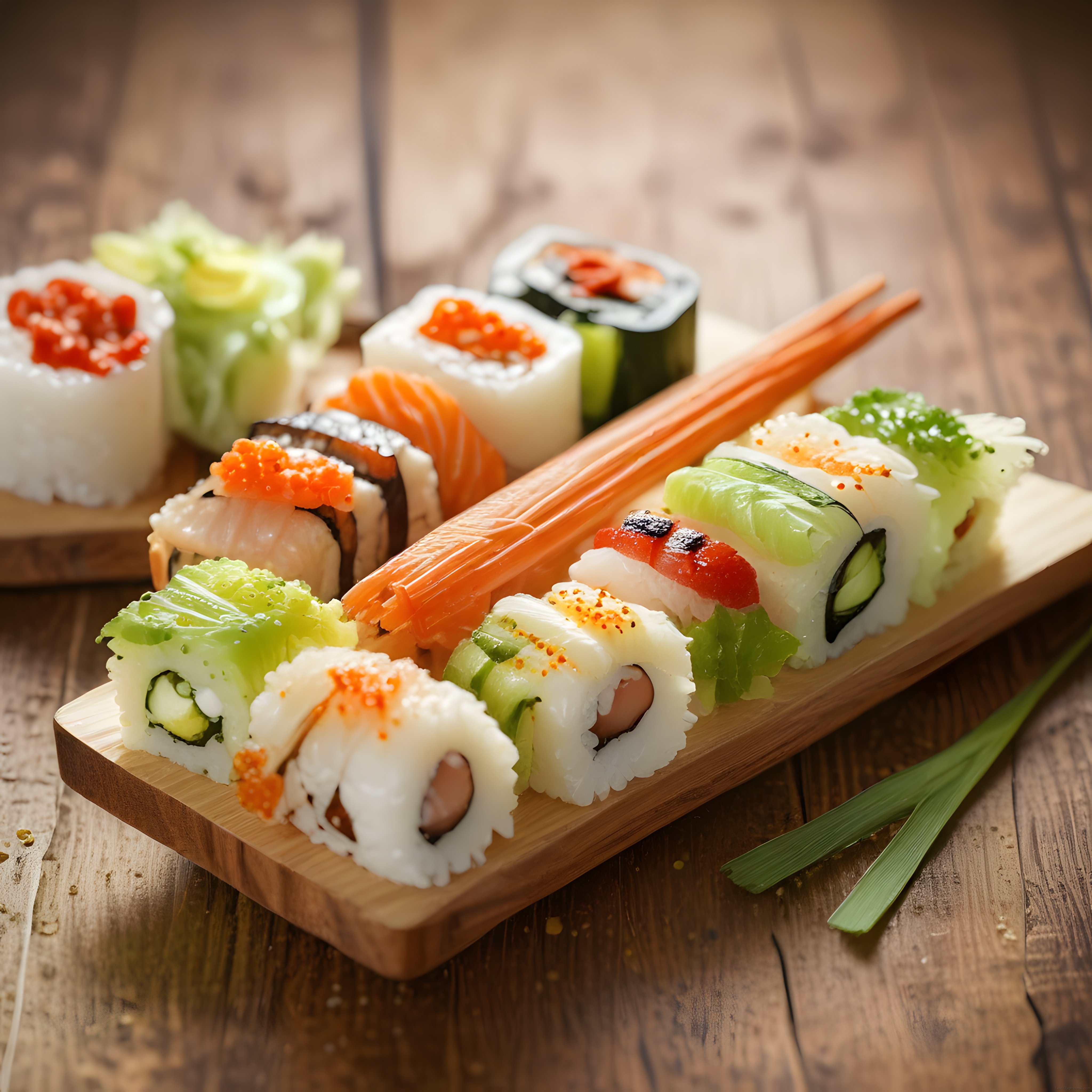 Ahşap Sunum Tahtası Üzerinde Renkli Japon Sushi Çeşitleri ve Çubuklar