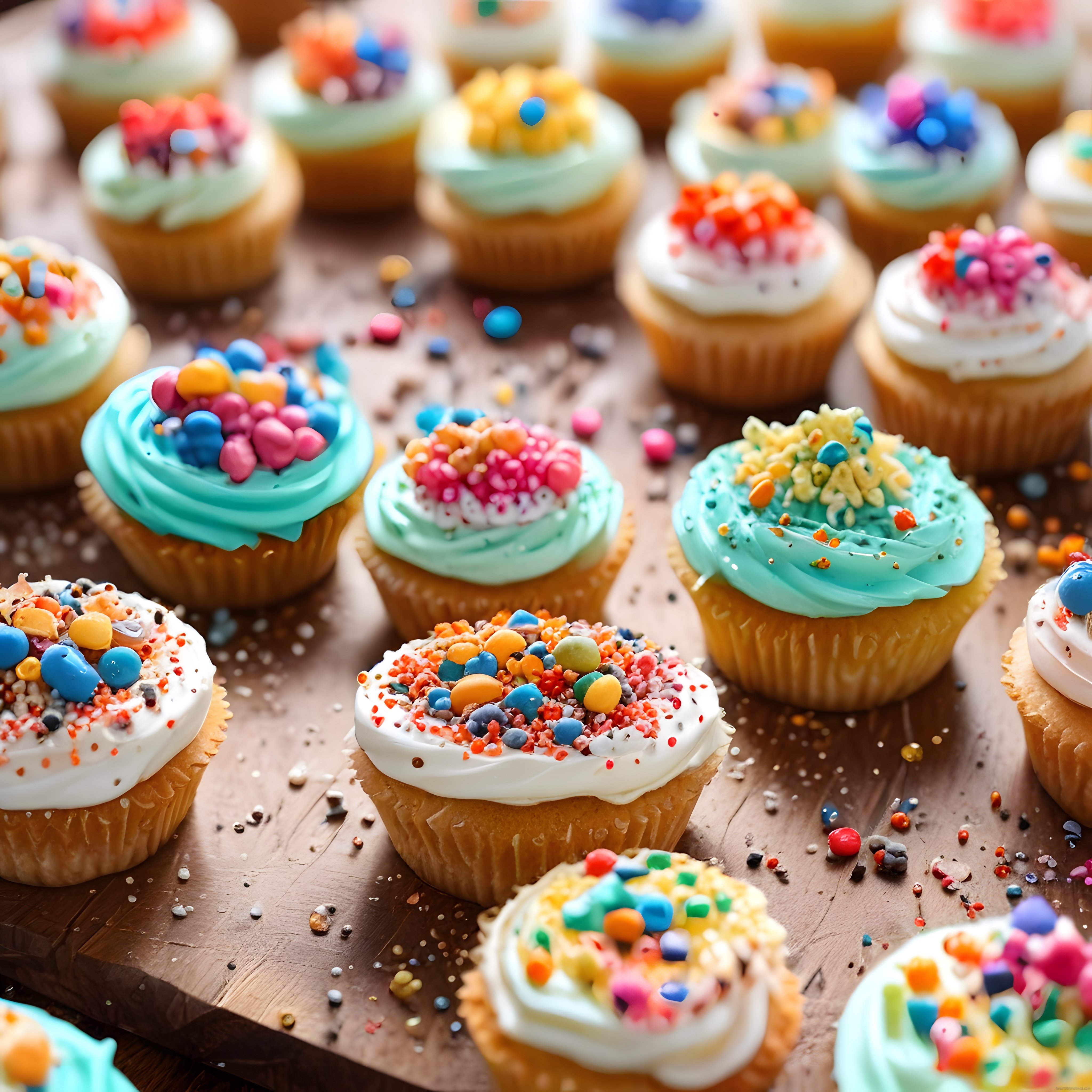 Ahşap Sunum Tahtası Üzerinde Renkli Kapkek ve Cupcake Çeşitleri