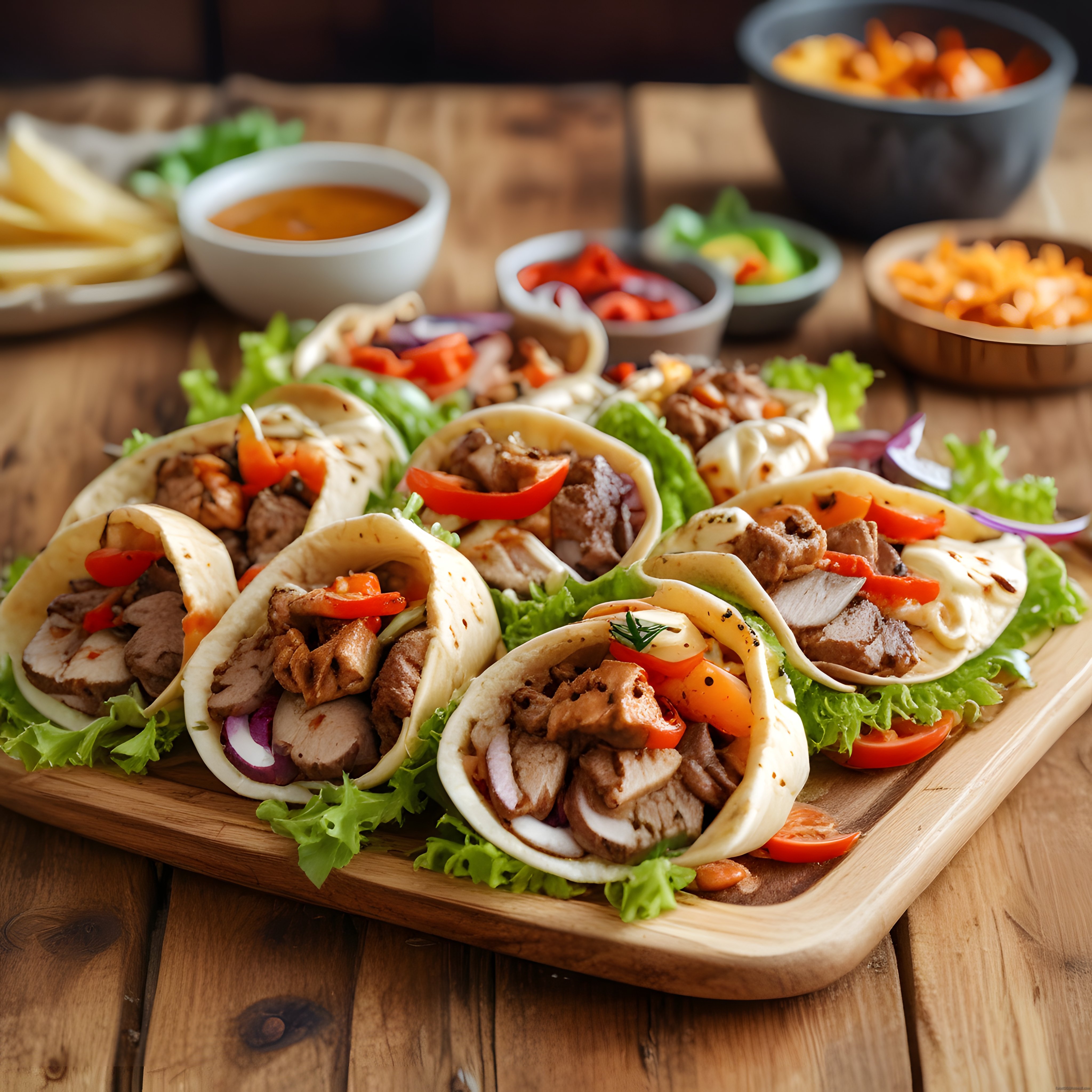 Ahşap Sunum Tahtası Üzerinde Renkli Malzemelerle Dolu Taze Taco ve Soslar