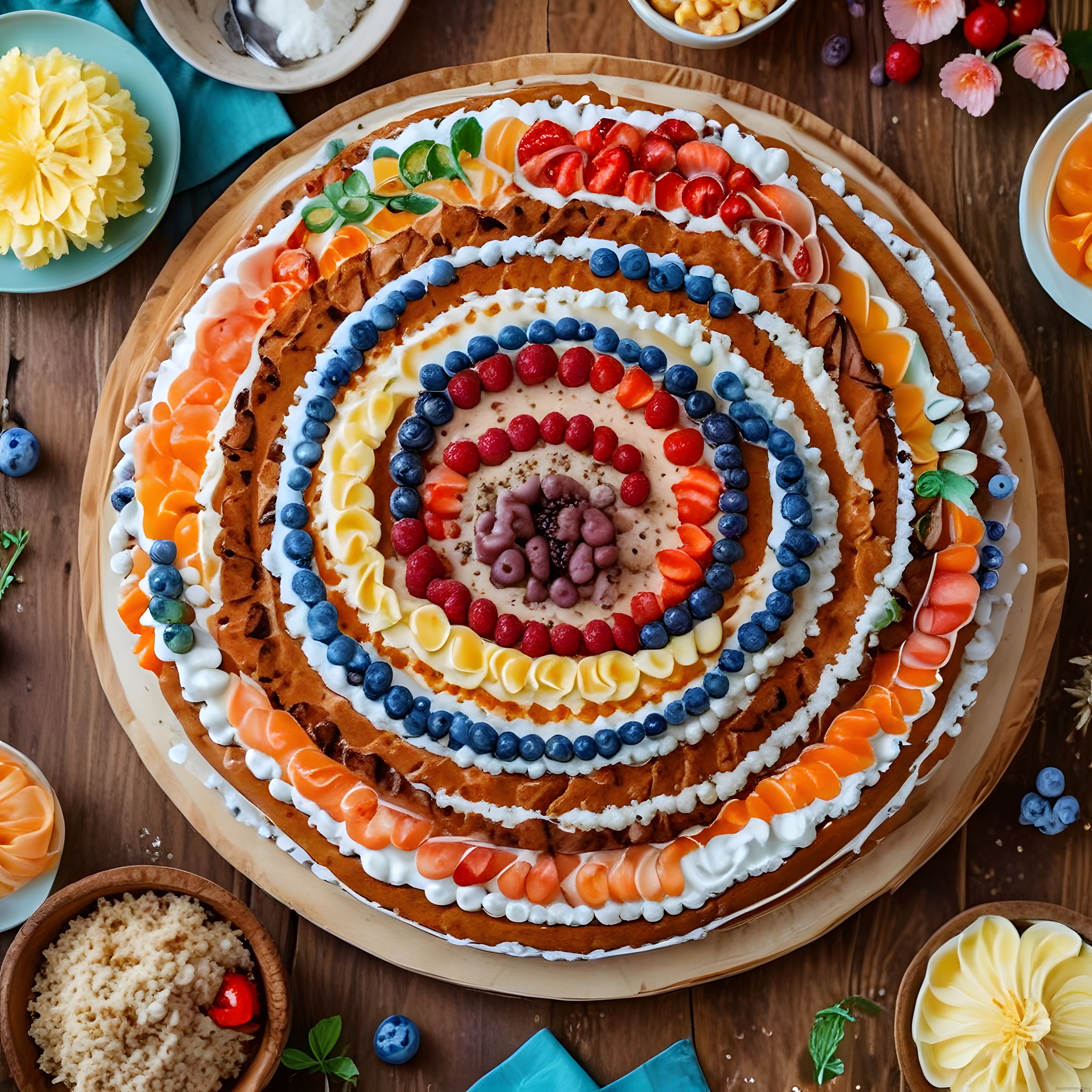 Ahşap Sunum Tahtası Üzerinde Renkli Meyvelerle Süslenmiş Waffle Kulesi