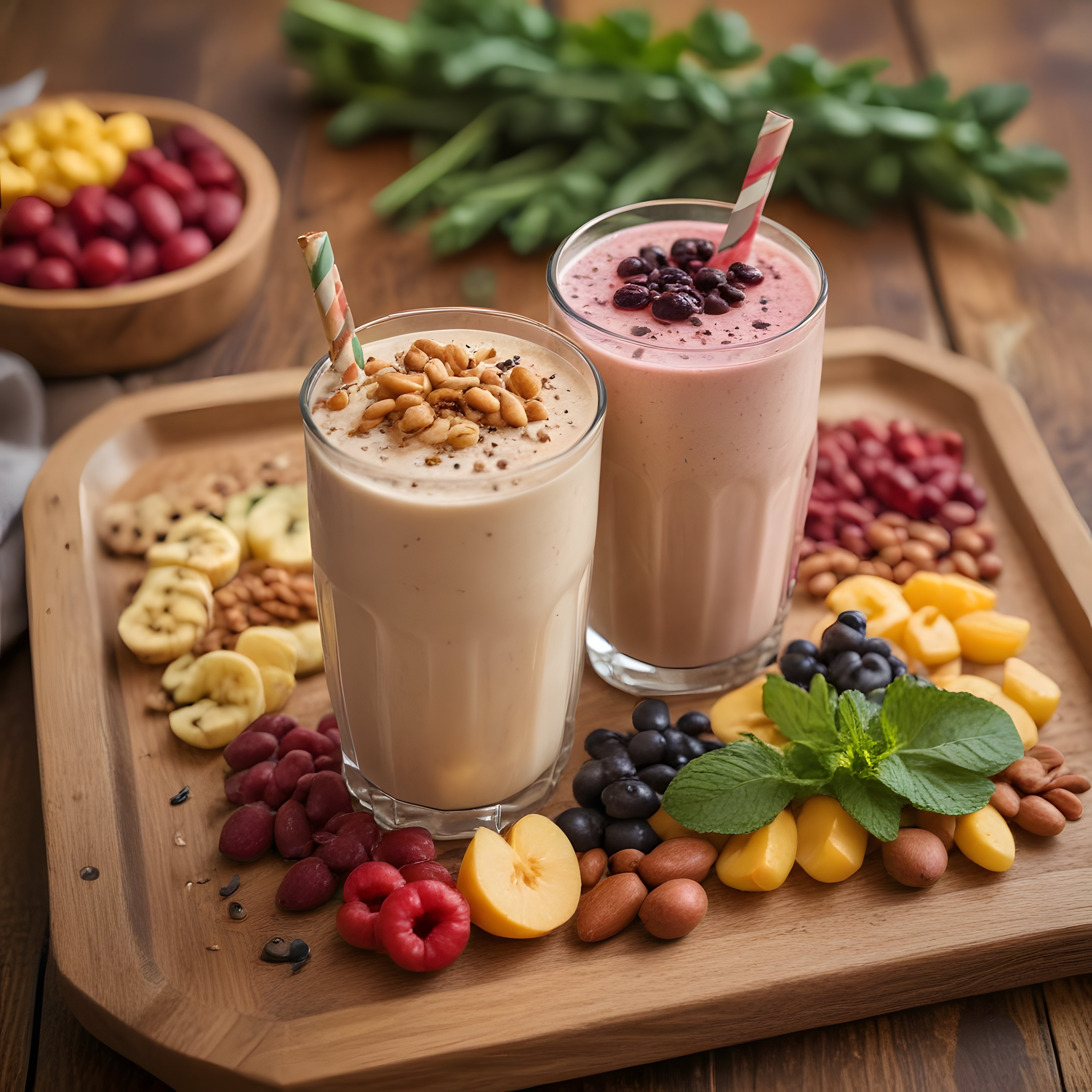 Ahşap Sunum Tahtası Üzerinde Renkli Meyveli ve Fındıklı İki Bardak Smoothie