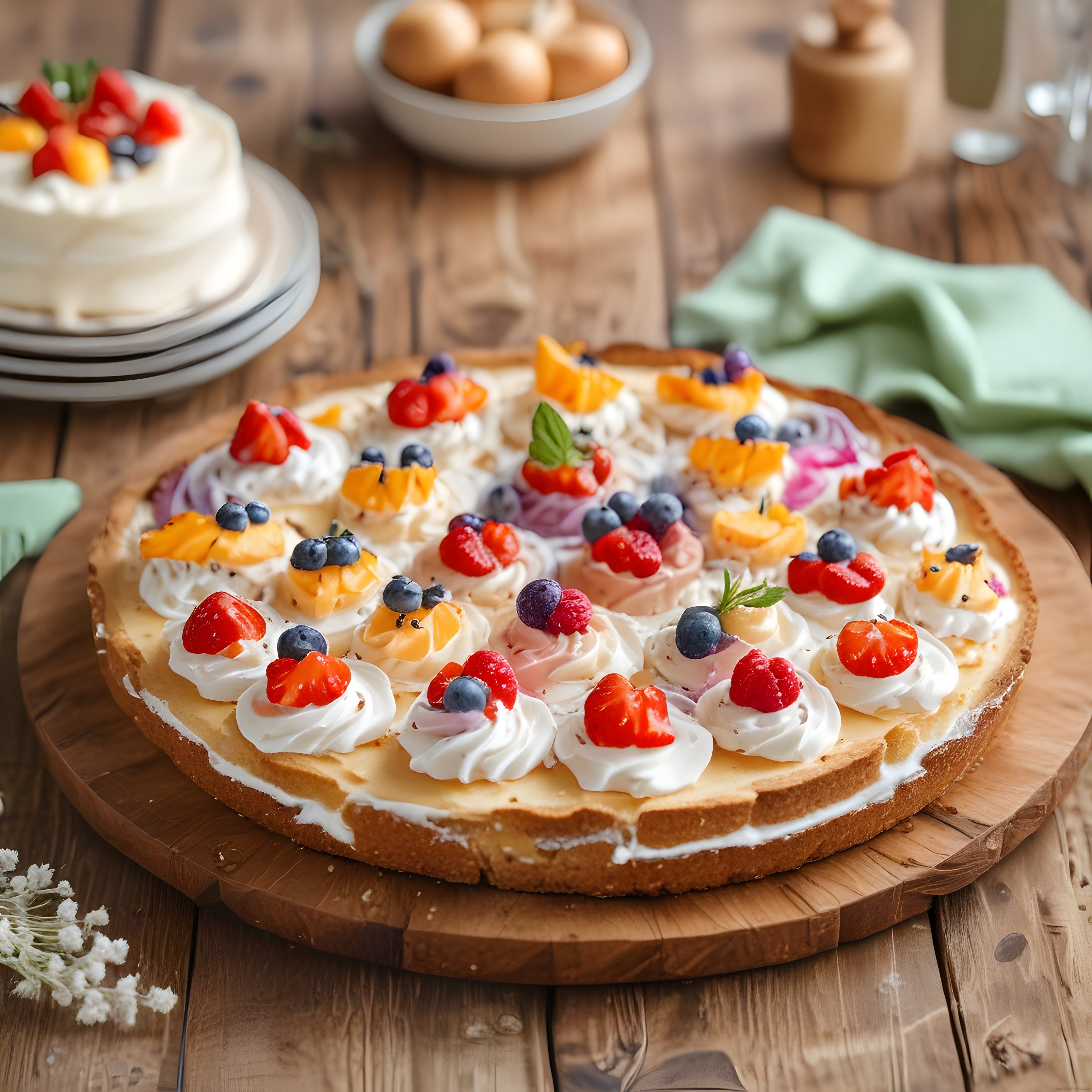 Ahşap Sunum Tahtası Üzerinde Renkli Meyveli ve Kremalı Tart Pasta