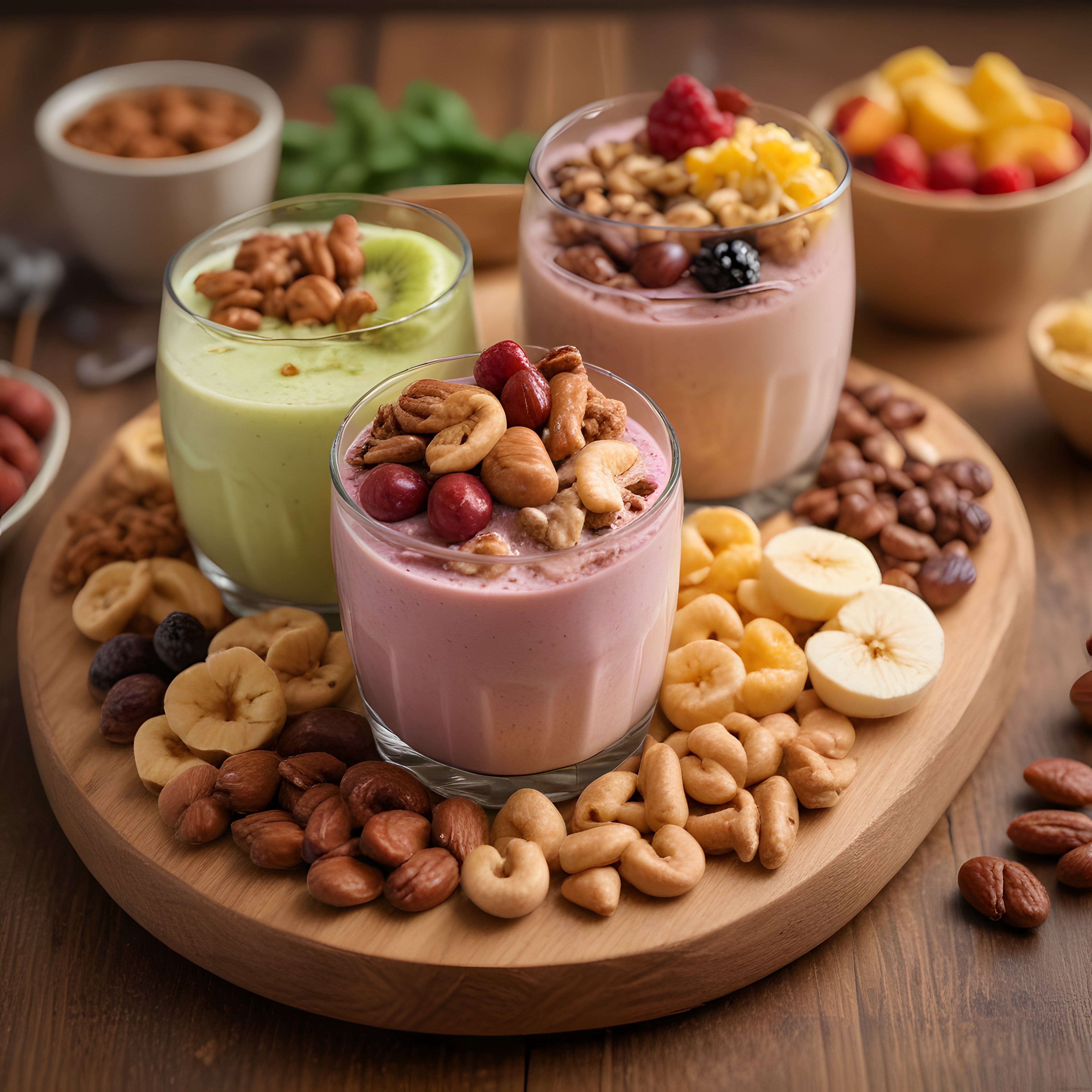 Ahşap Sunum Tahtası Üzerinde Renkli Meyveli ve Kuruyemişli Sağlıklı Smoothie Bardakları
