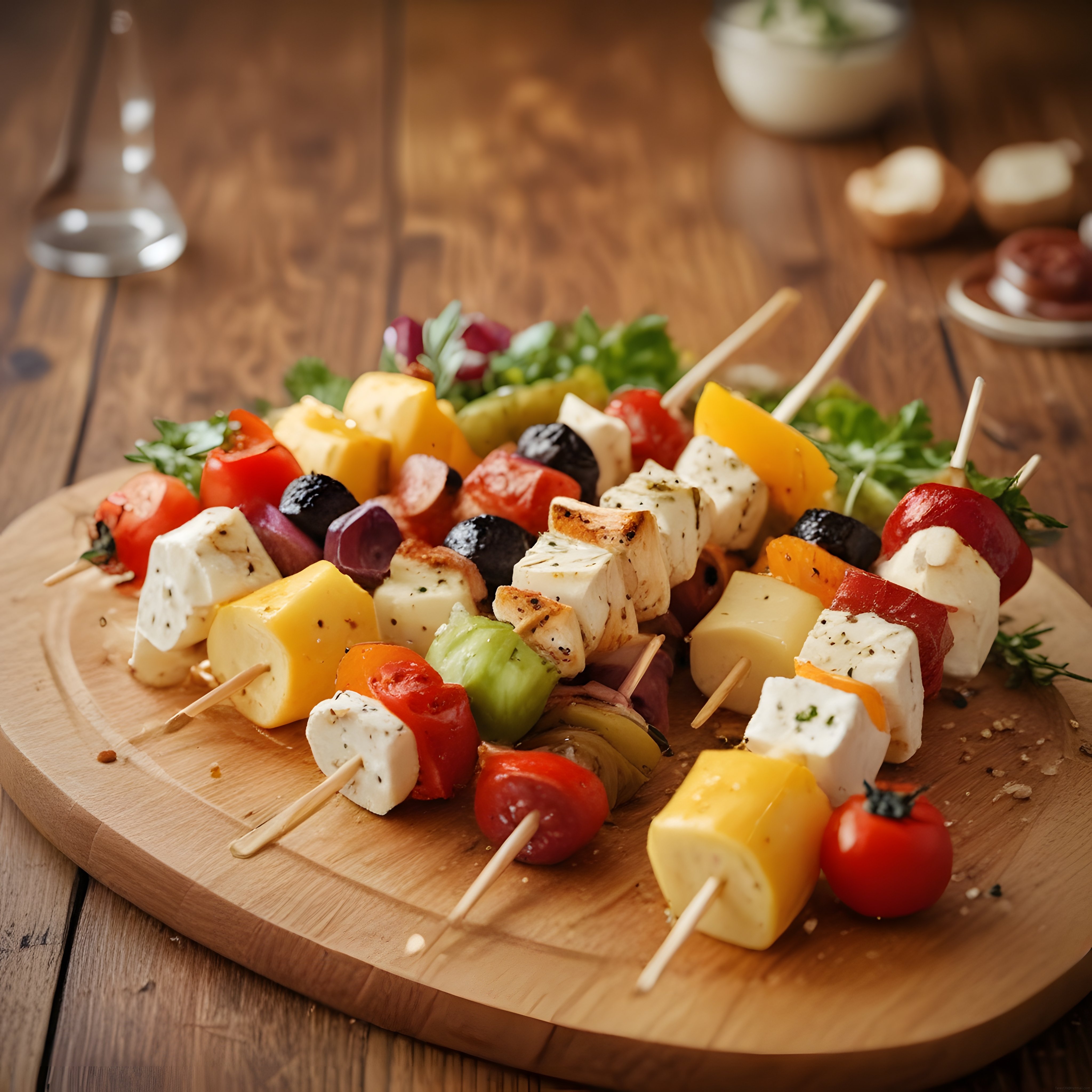 Ahşap sunum tahtası üzerinde renkli peynir ve sebzeli brunch şişleri