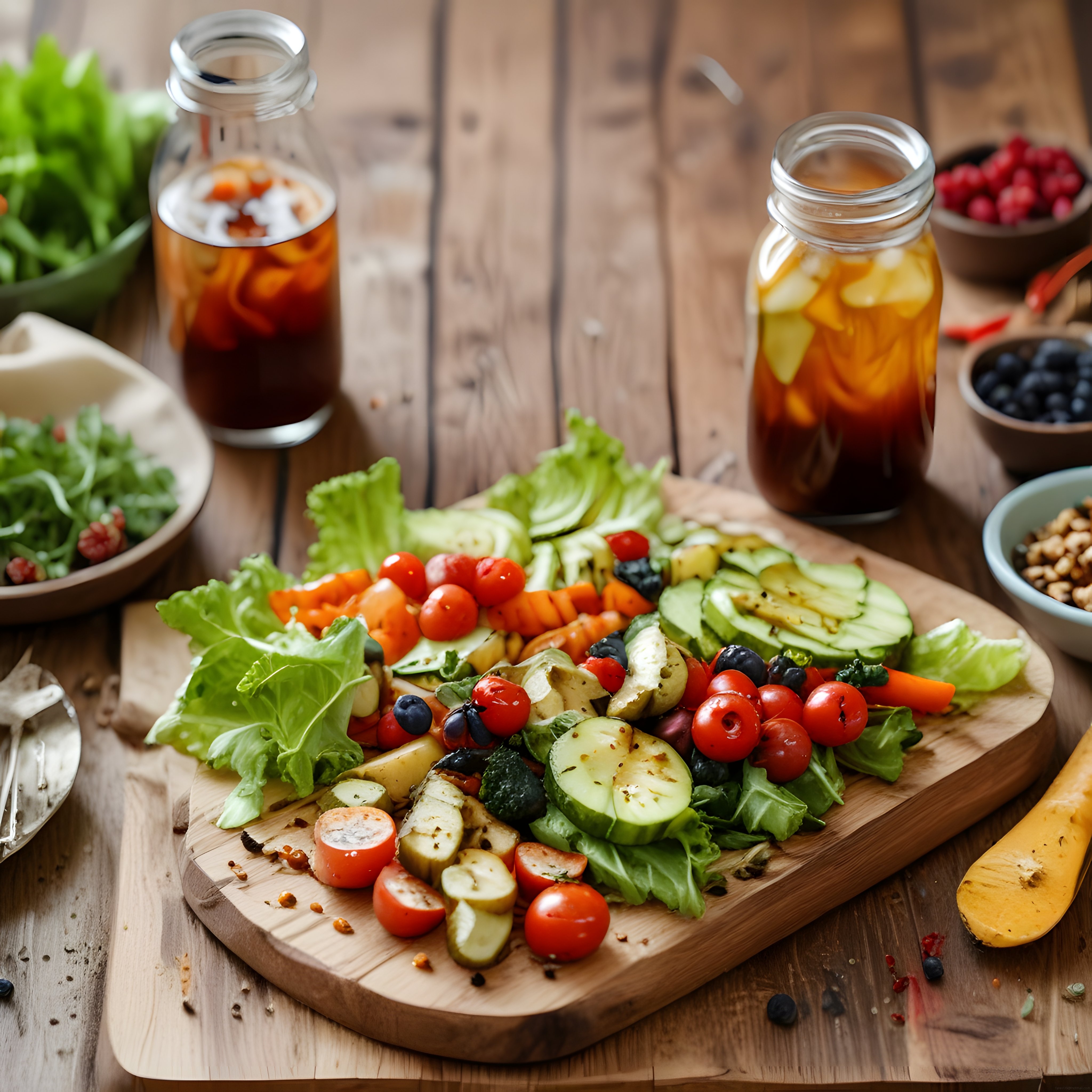 Ahşap Sunum Tahtası Üzerinde Renkli Sebze Salatası ve Ferahlatıcı İçecekler