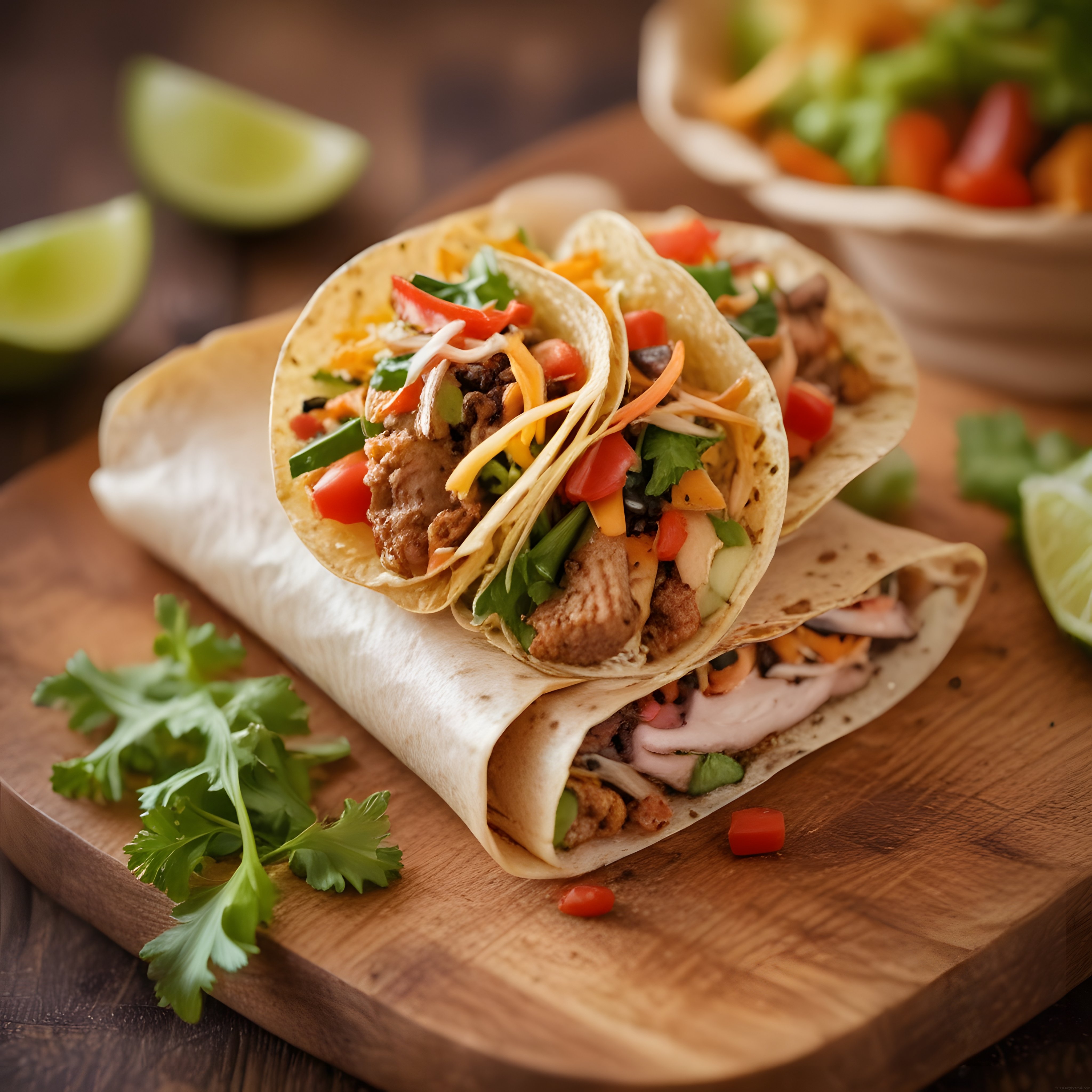Ahşap Sunum Tahtası Üzerinde Renkli Sebzelerle Tavuklu Wrap ve Burrito
