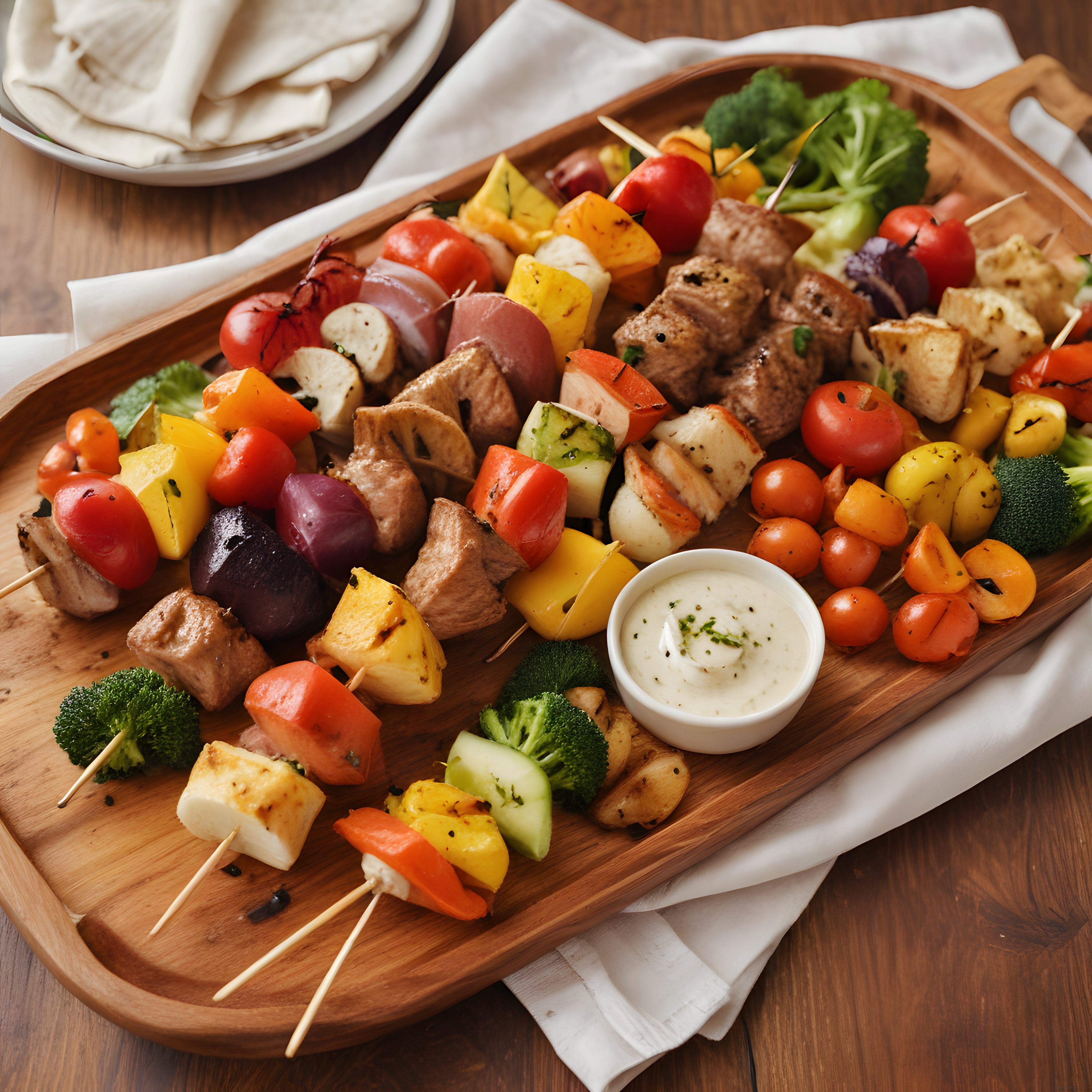 Ahşap sunum tahtası üzerinde renkli sebzeli etli ızgara şiş kebap ve dip sos