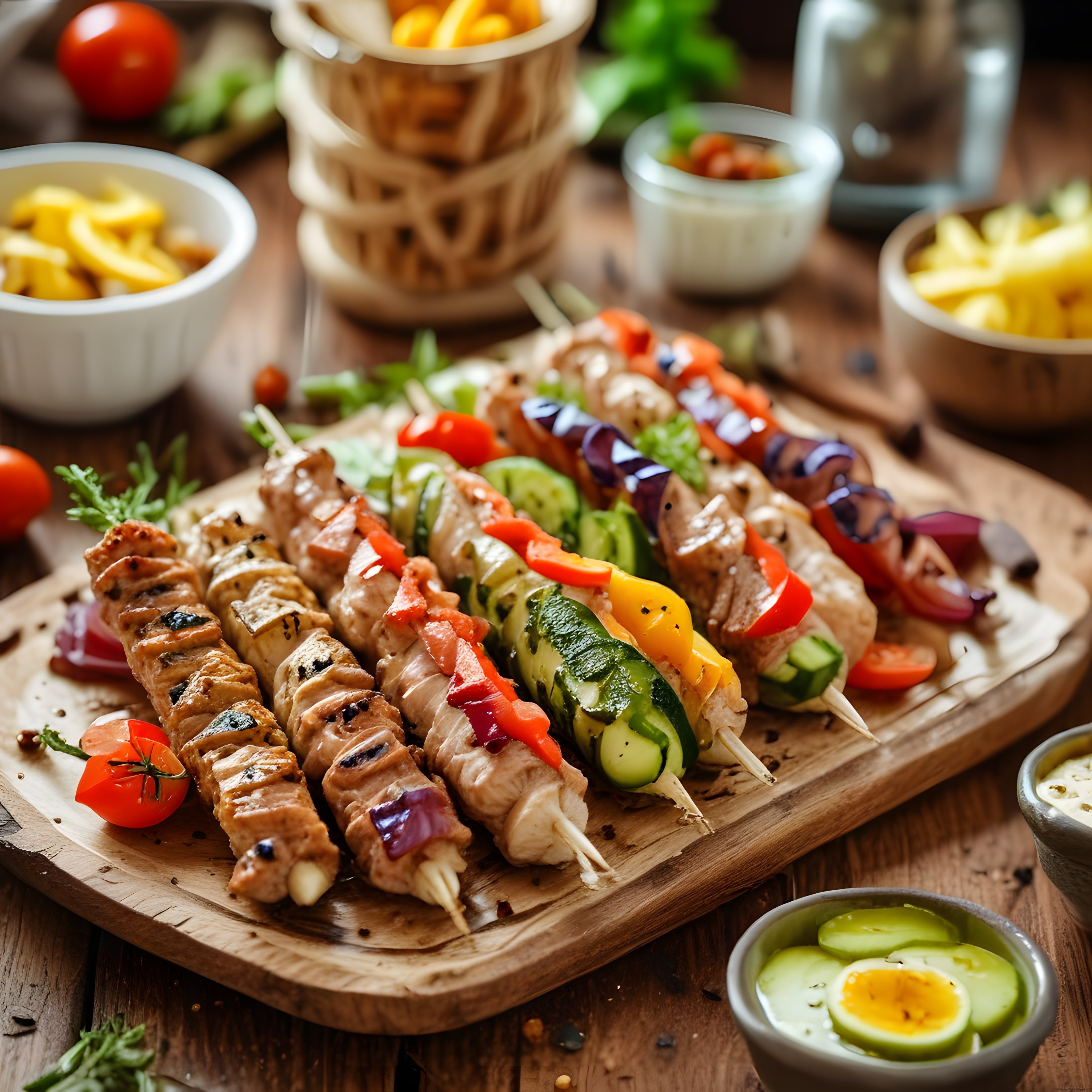 Ahşap Sunum Tahtası Üzerinde Renkli Sebzeli Izgara Şiş Kebap