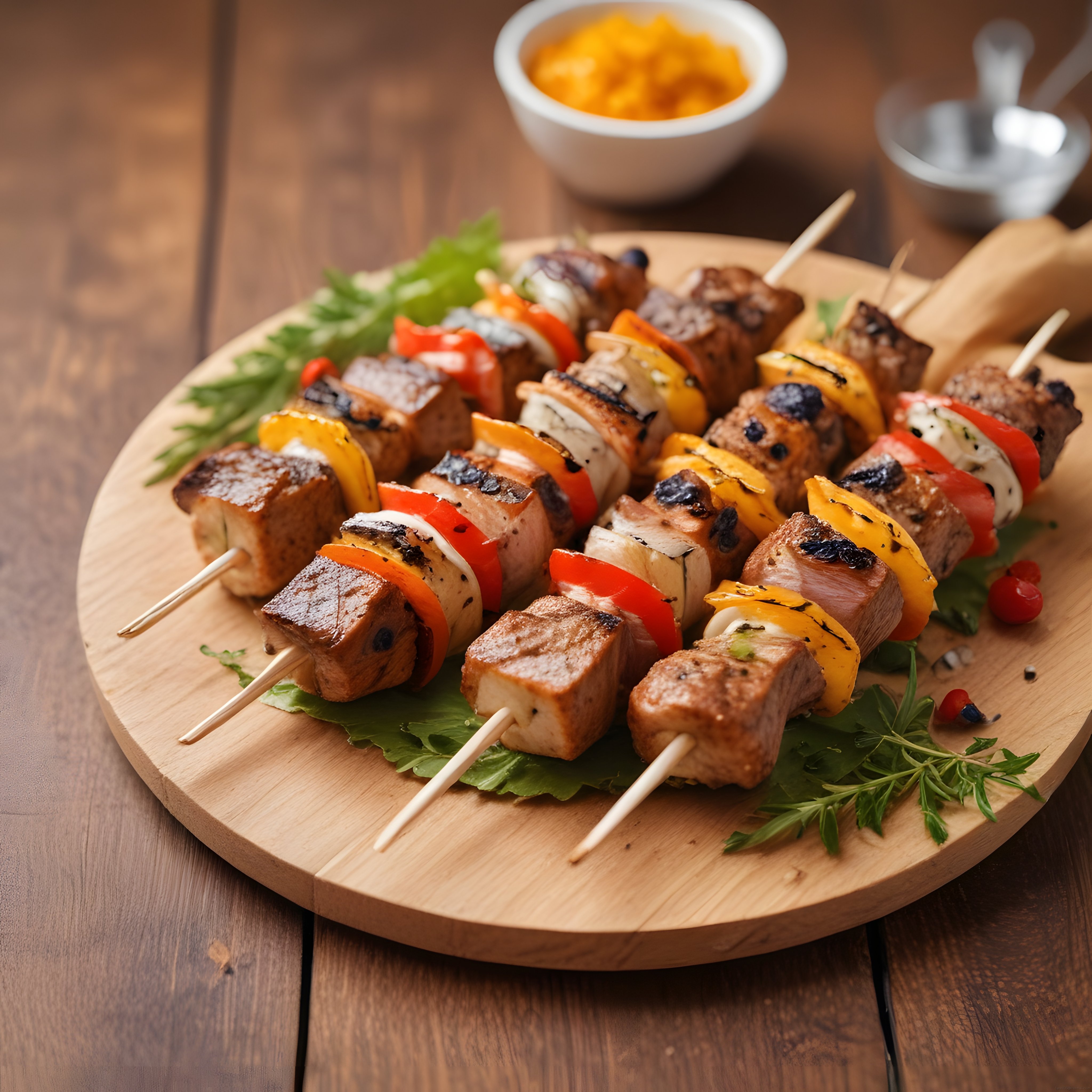 Ahşap Sunum Tahtası Üzerinde Renkli Sebzeli Şiş Kebap ve Izgara Lezzetleri