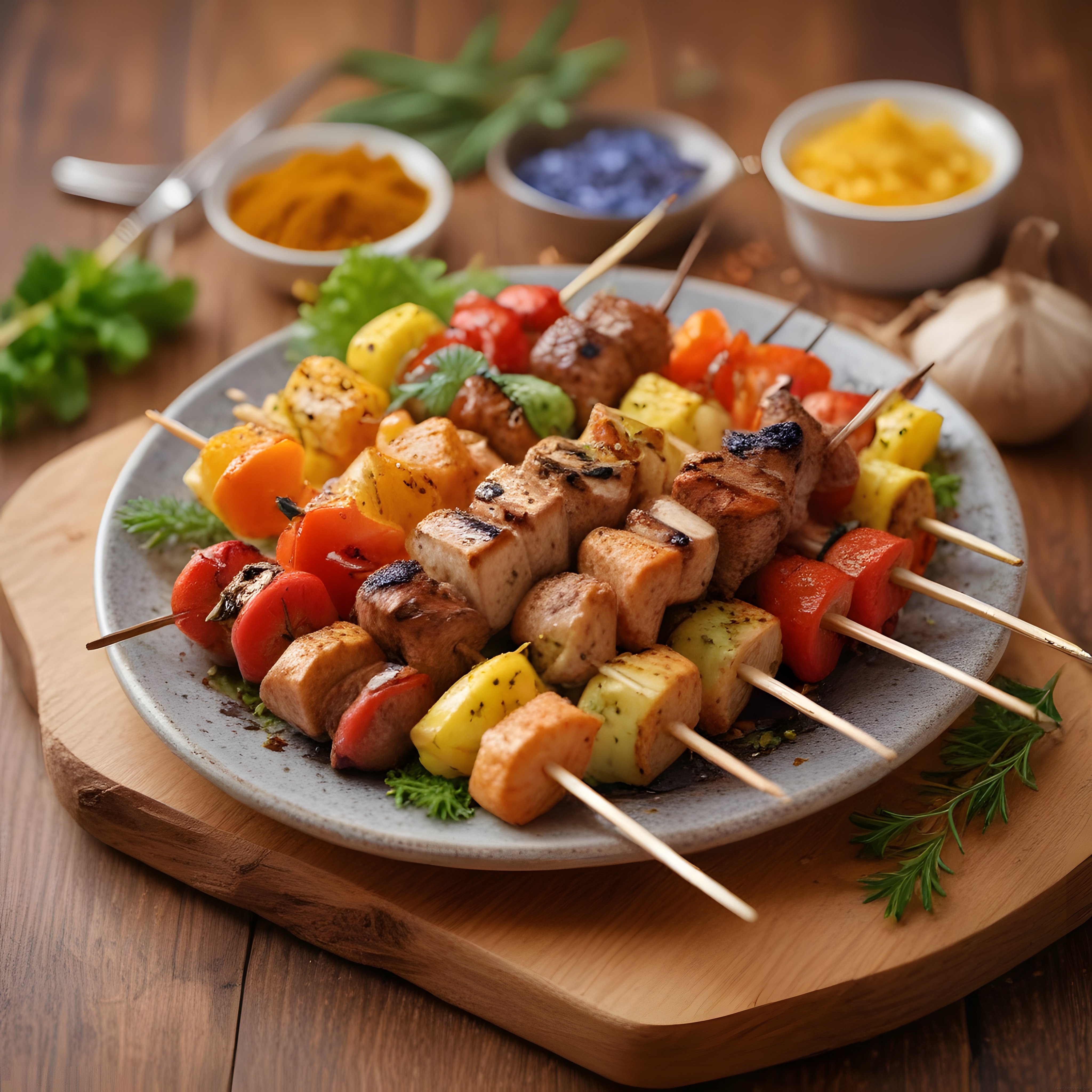 Ahşap Sunum Tahtası Üzerinde Renkli Sebzeli ve Ananaslı Izgara Şiş Kebap