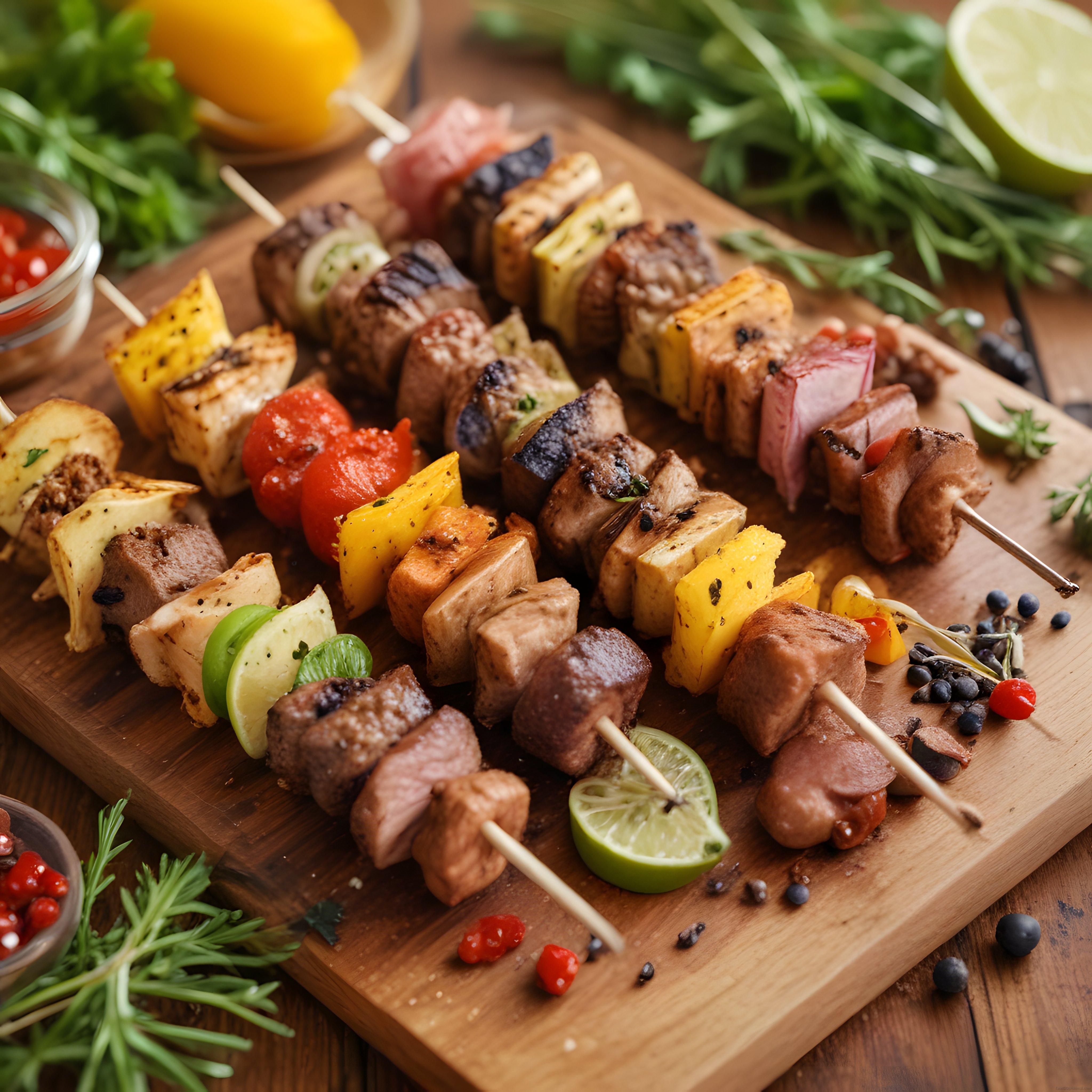 Ahşap Sunum Tahtası Üzerinde Renkli Sebzeli ve Etli Izgara Şiş Kebap