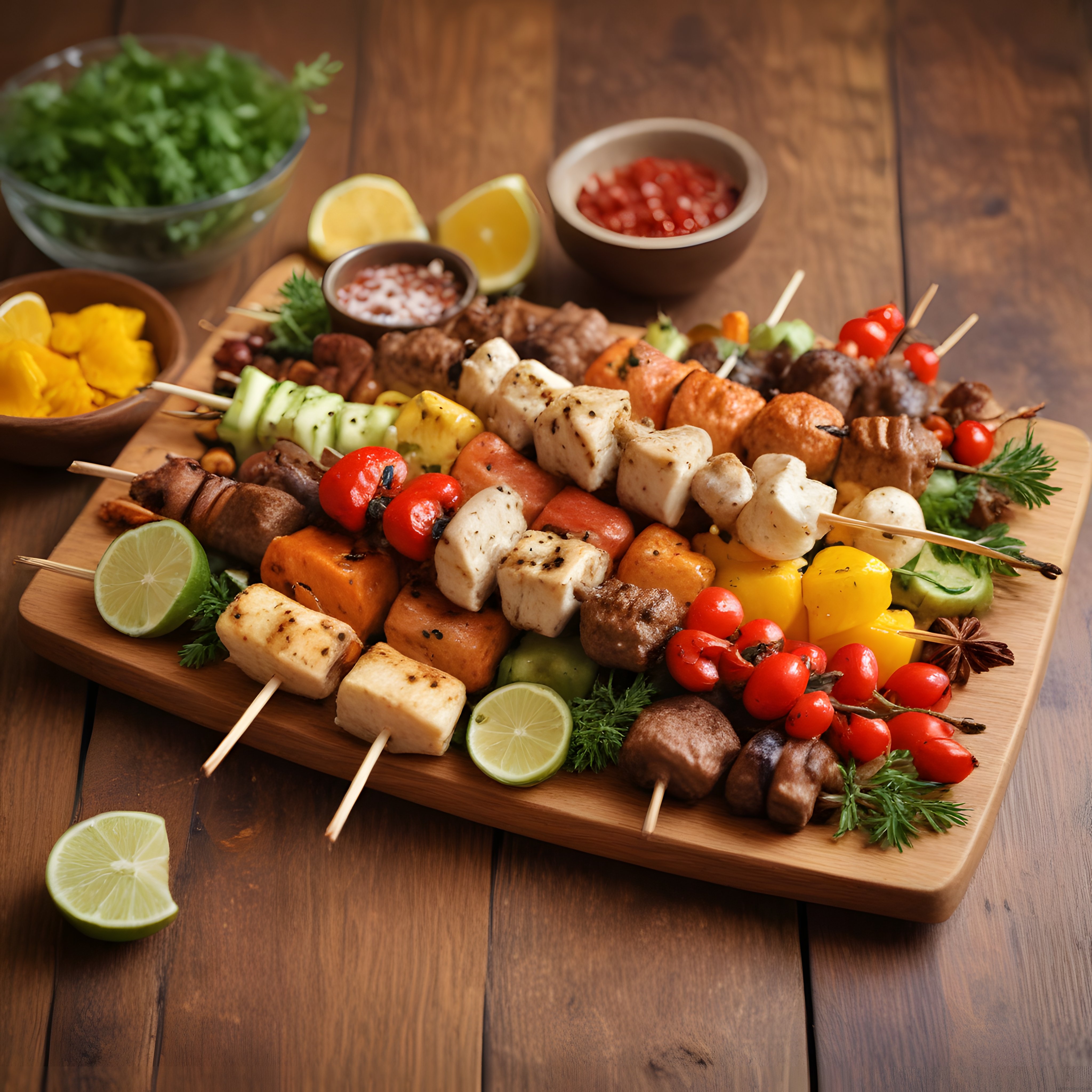 Ahşap Sunum Tahtası Üzerinde Renkli Sebzeli ve Etli Izgara Şiş Kebap