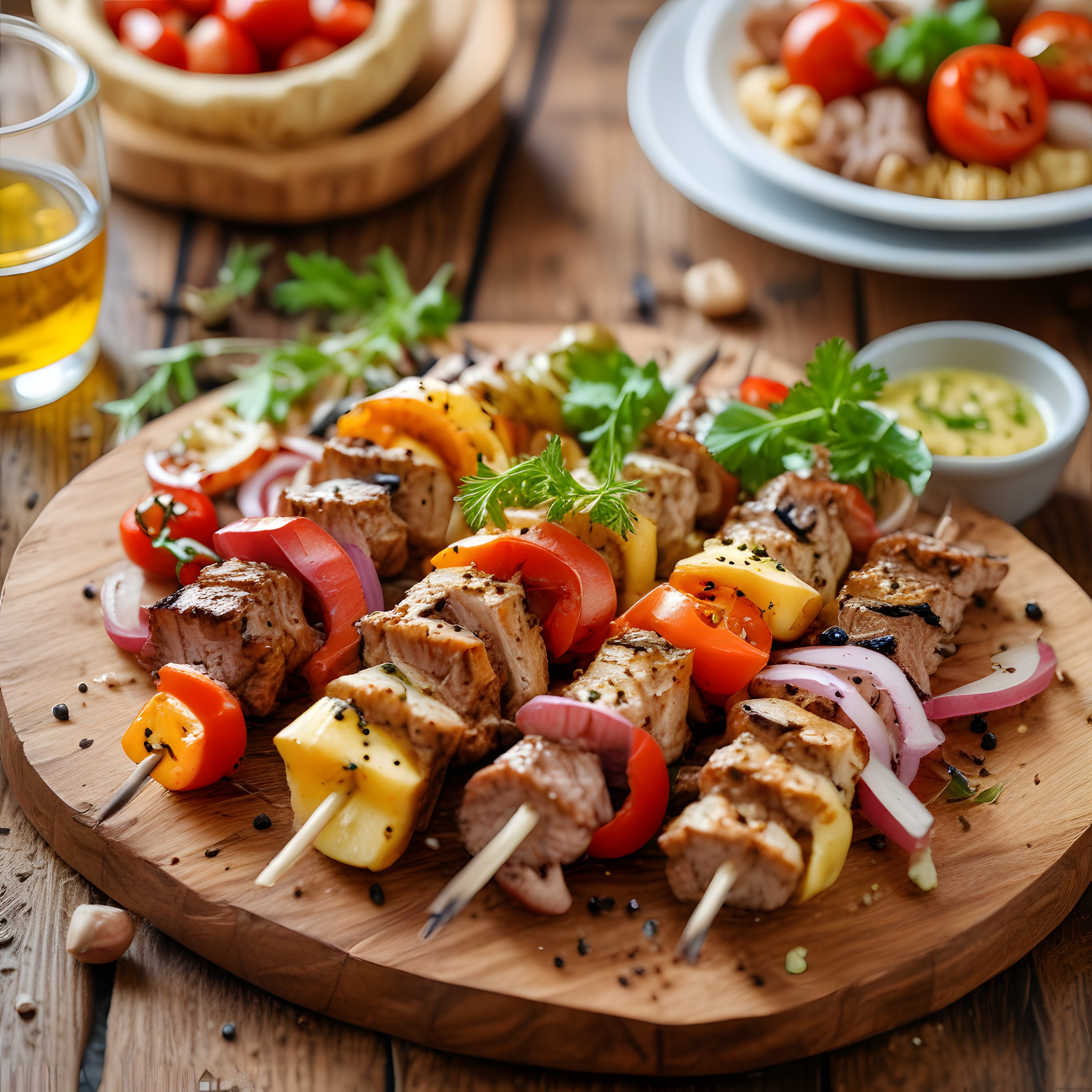 Ahşap Sunum Tahtası Üzerinde Renkli Sebzeli ve Etli Izgara Şiş Kebap